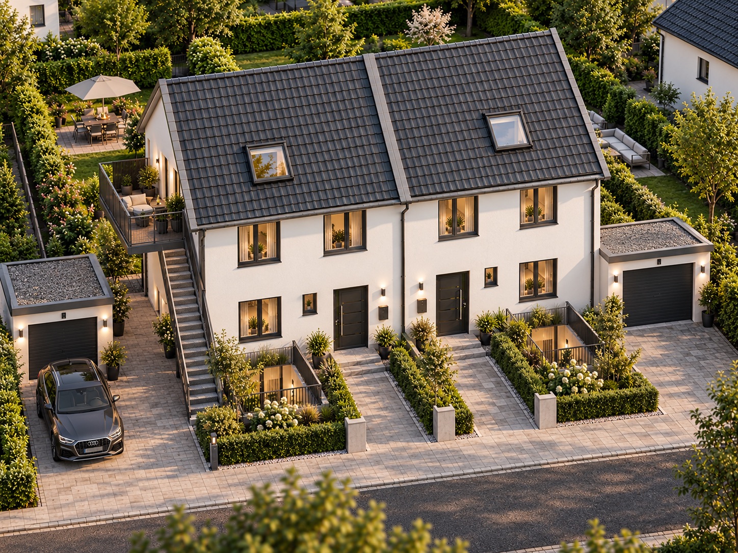 Modernes Doppelhaus mit Gärten, Garagen und geparktem Auto in ruhiger Wohngegend.