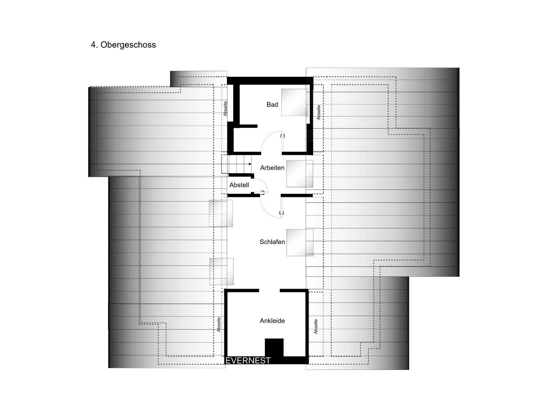 Grundriss eines Obergeschosses mit Bad, Arbeitszimmer, Abstellraum, Schlafzimmer und Ankleide.