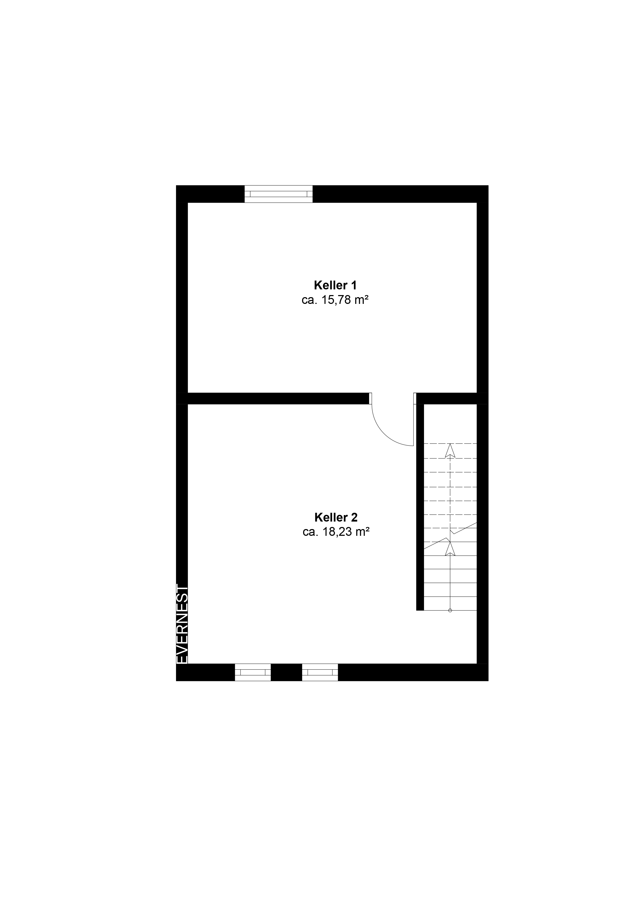 Grundriss eines Kellers mit zwei Räumen und Treppe.