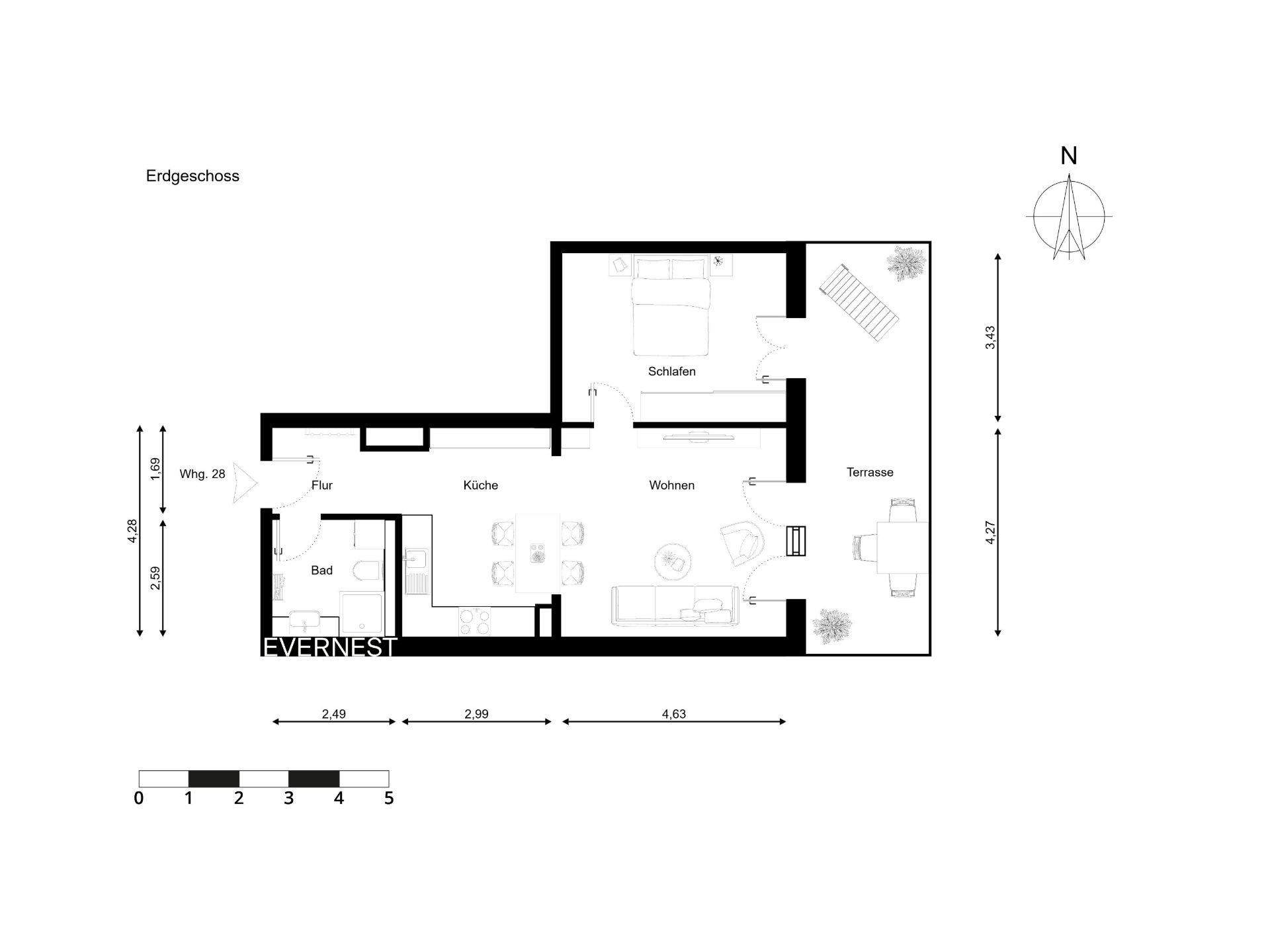 Grundriss einer Wohnung mit Bad, Flur, Küche, Wohnbereich, Schlafzimmer und Terrasse.