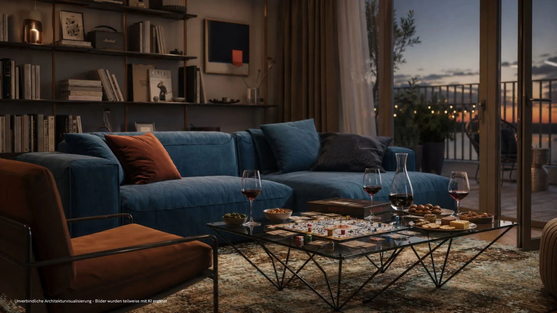 Wohnzimmer mit blauem Sofa, Couchtisch mit Snacks und Brettspiel, Blick auf Balkon bei Sonnenuntergang.