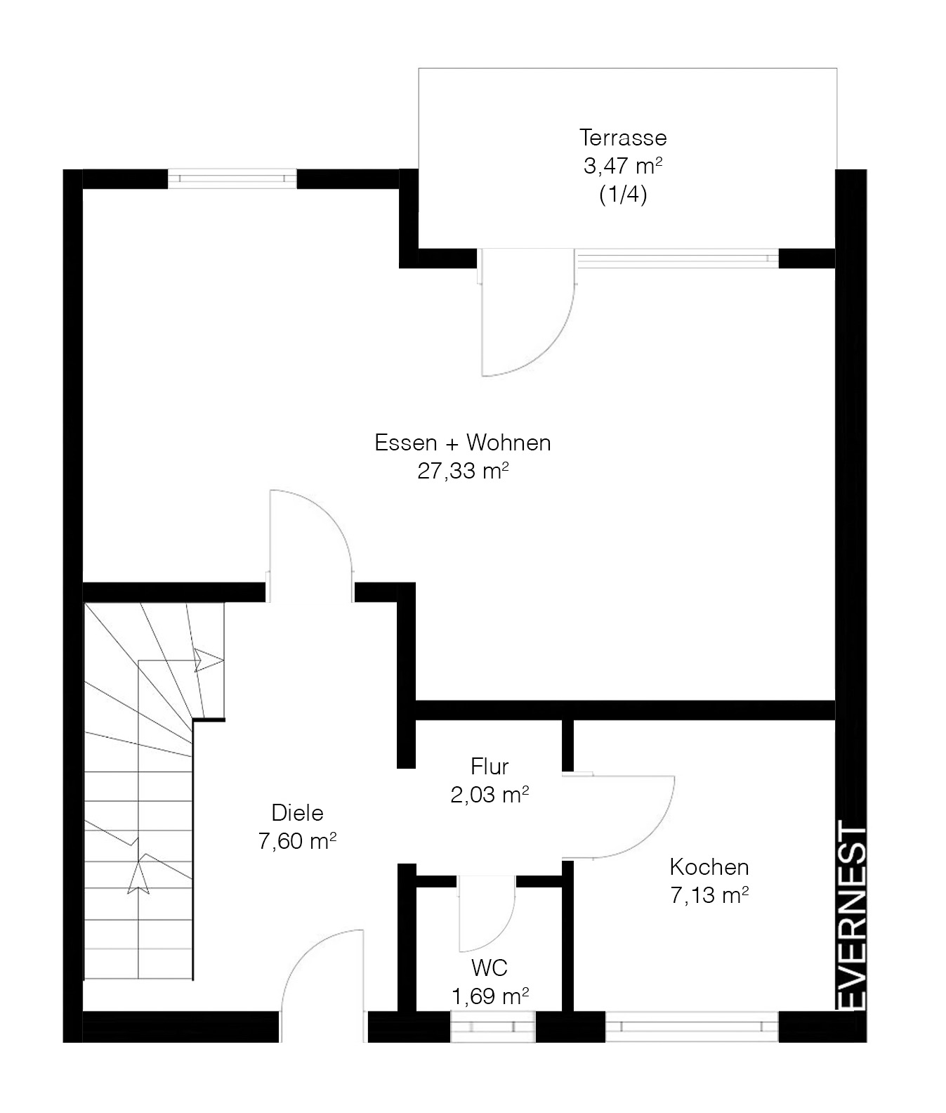 Grundriss einer Wohnung mit Terrasse, Wohnbereich, Küche, Flur, WC und Diele.