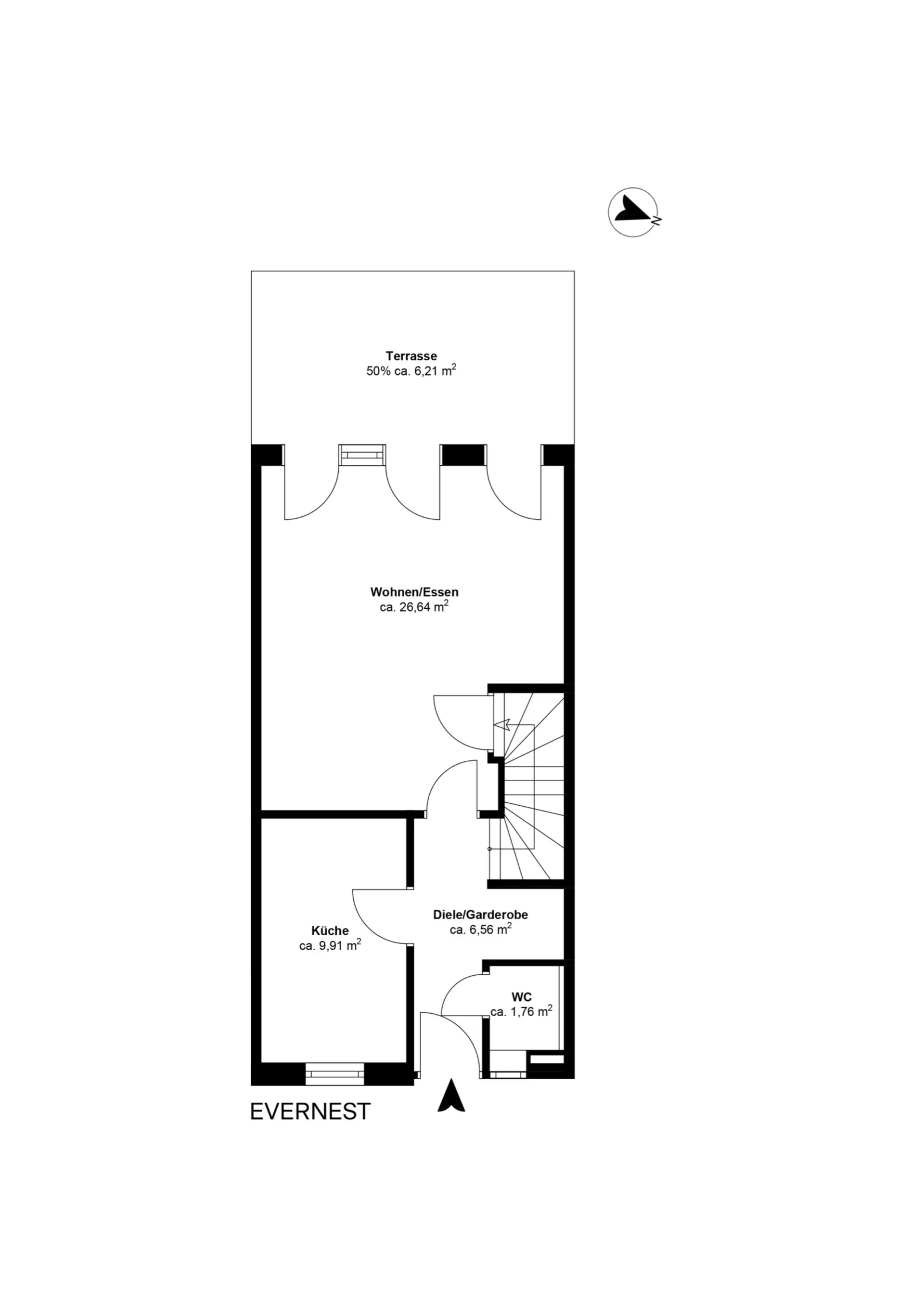 Grundriss mit Terrasse, Wohn-/Esszimmer, Küche, Diele/Garderobe und WC.