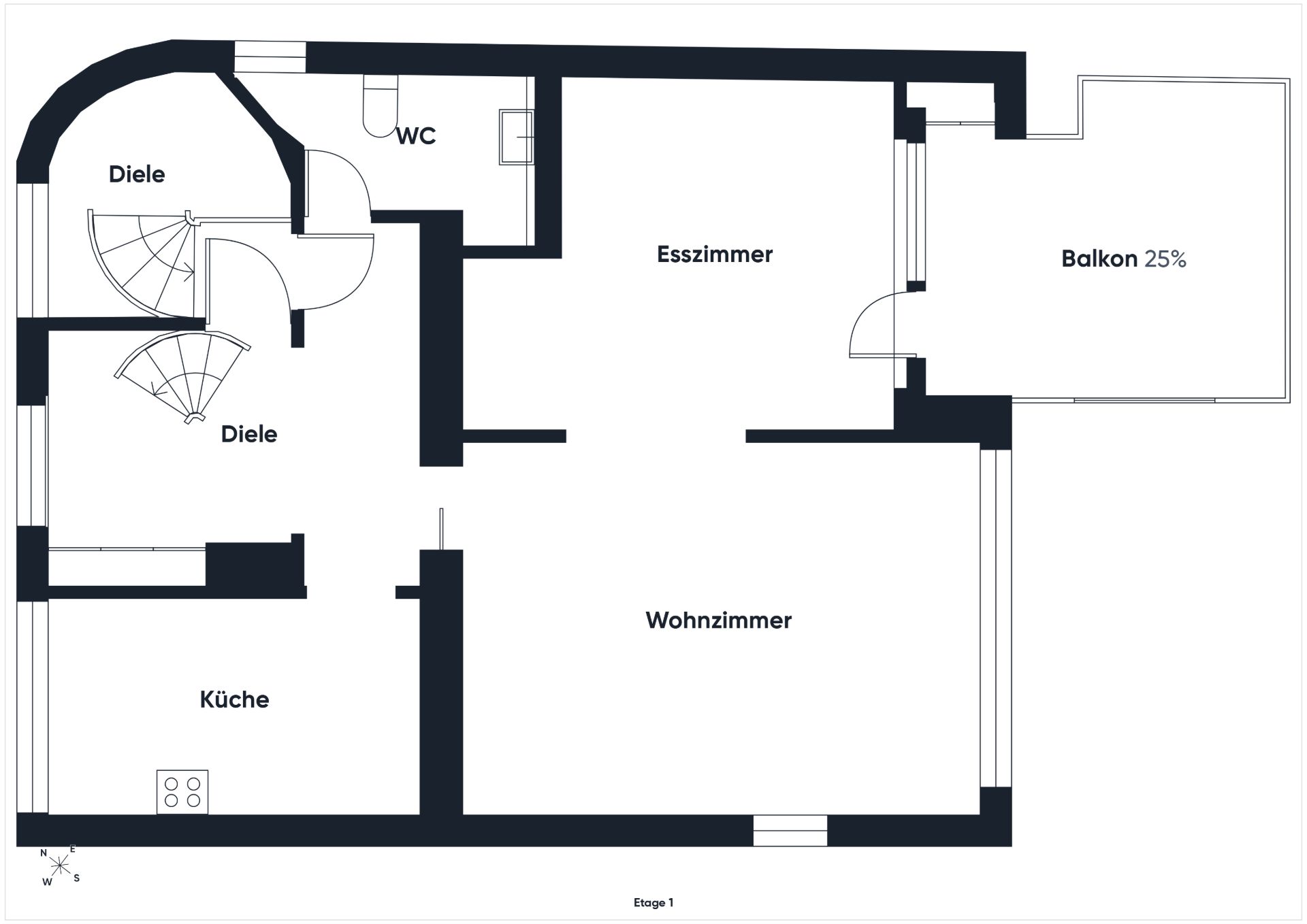 Grundriss mit Wohnzimmer, Esszimmer, Küche, WC, Diele und Balkon.