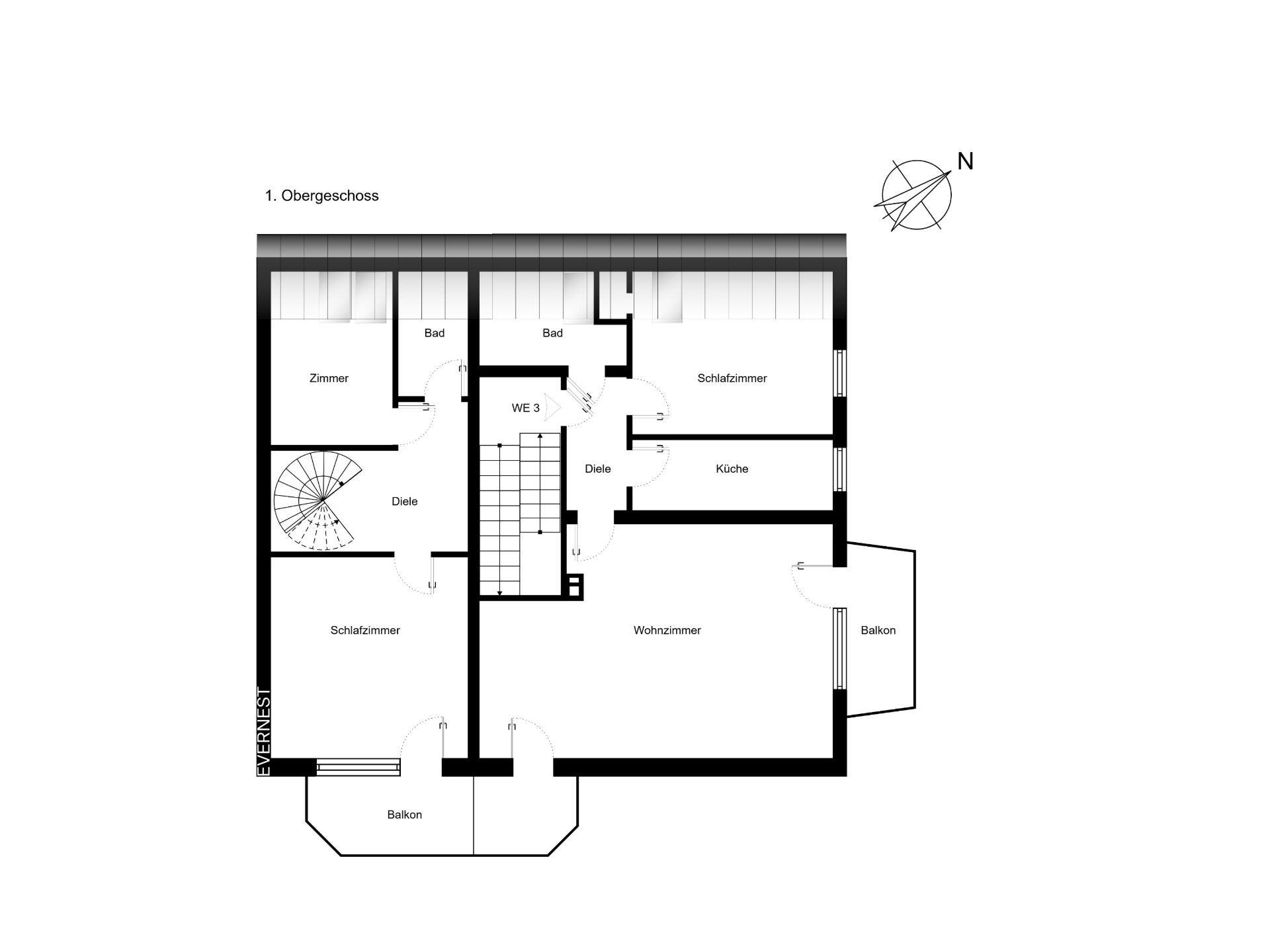Grundriss einer Wohnung mit Wohnzimmer, Schlafzimmer, Küche, zwei Bädern und zwei Balkonen.