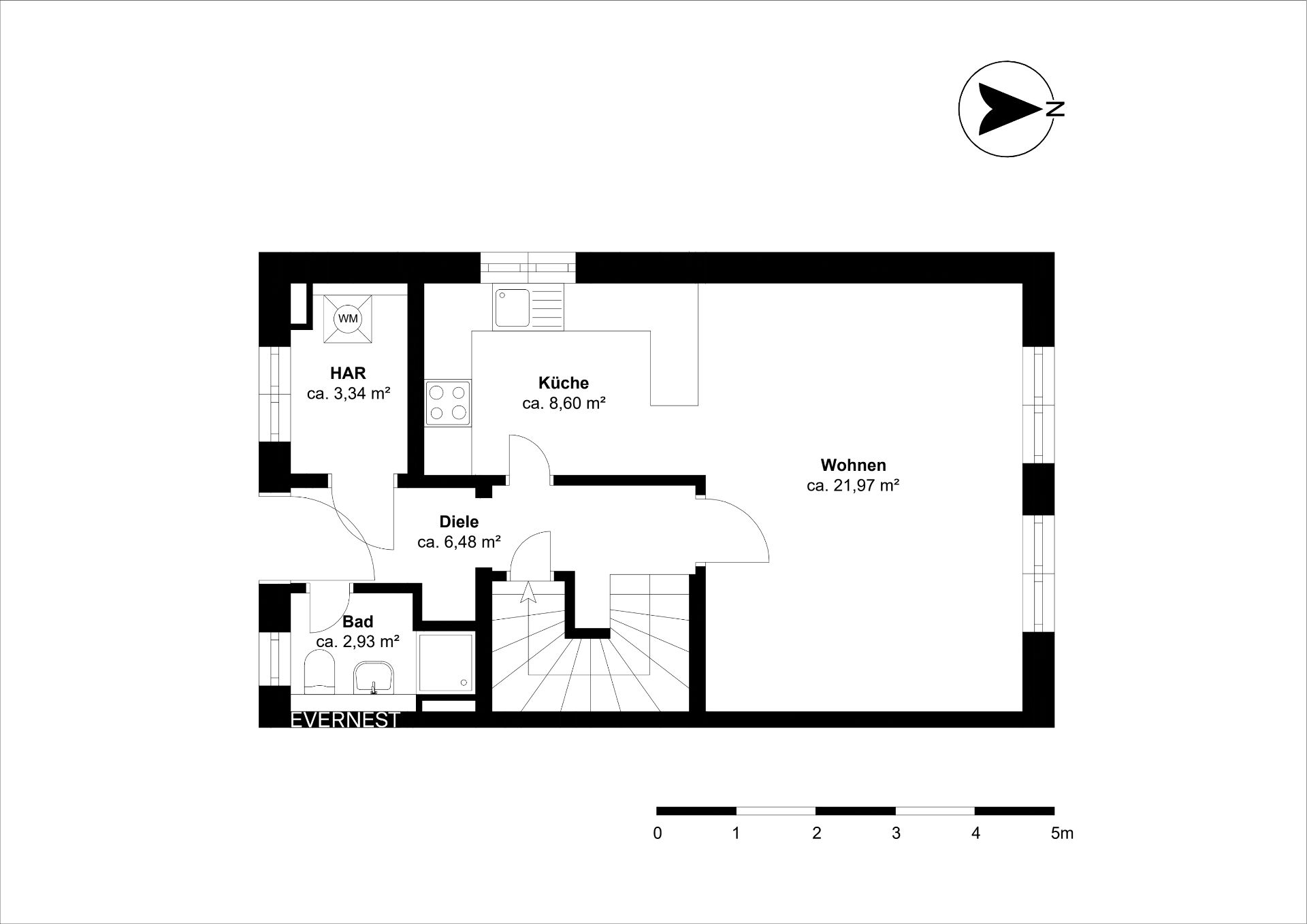 Grundriss einer Wohnung mit Wohnzimmer, Küche, Bad, Hauswirtschaftsraum und Diele.