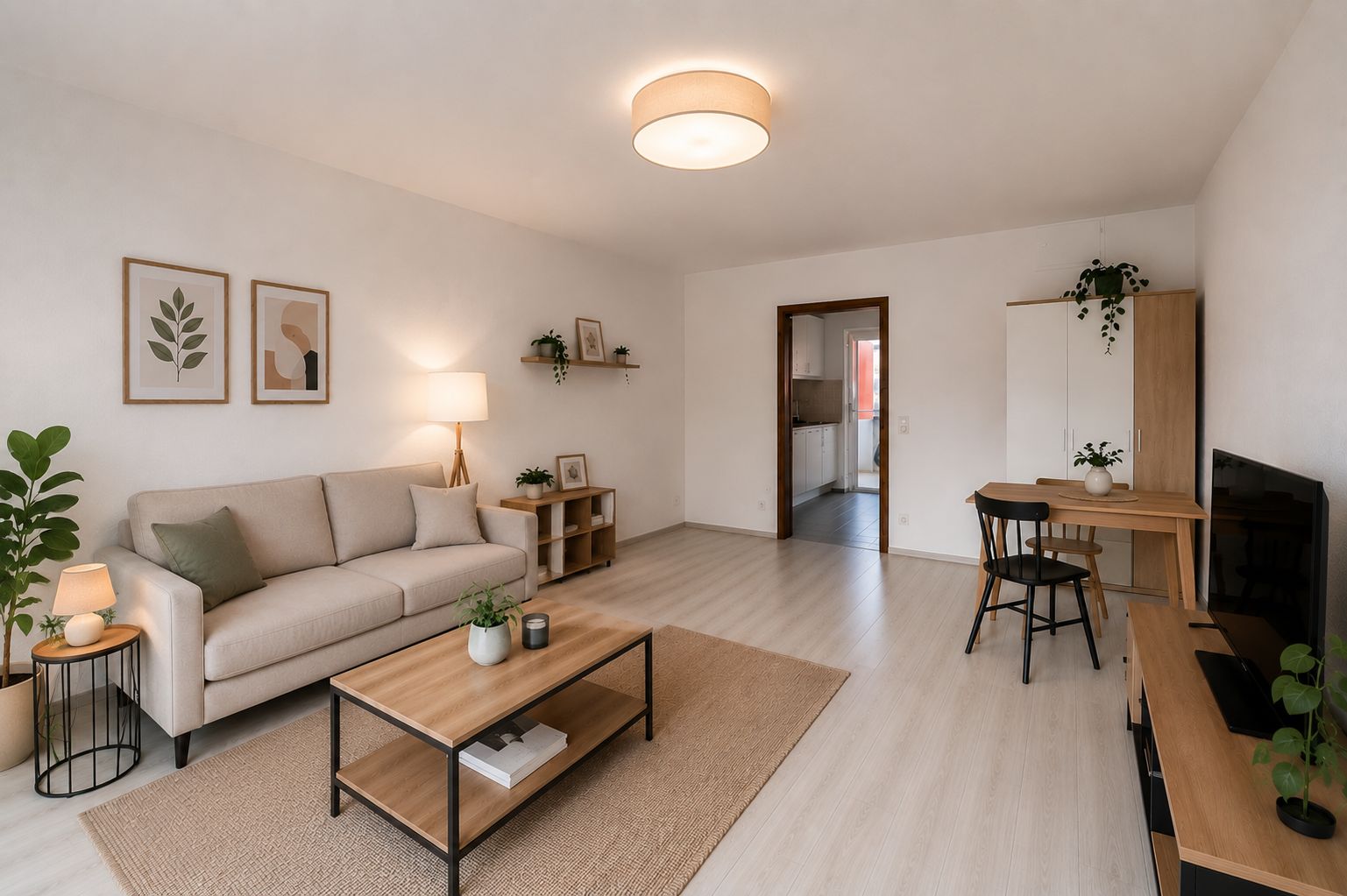 Helles Wohnzimmer mit Sofa, Couchtisch, Schreibtisch, Fernseher und Pflanzen.