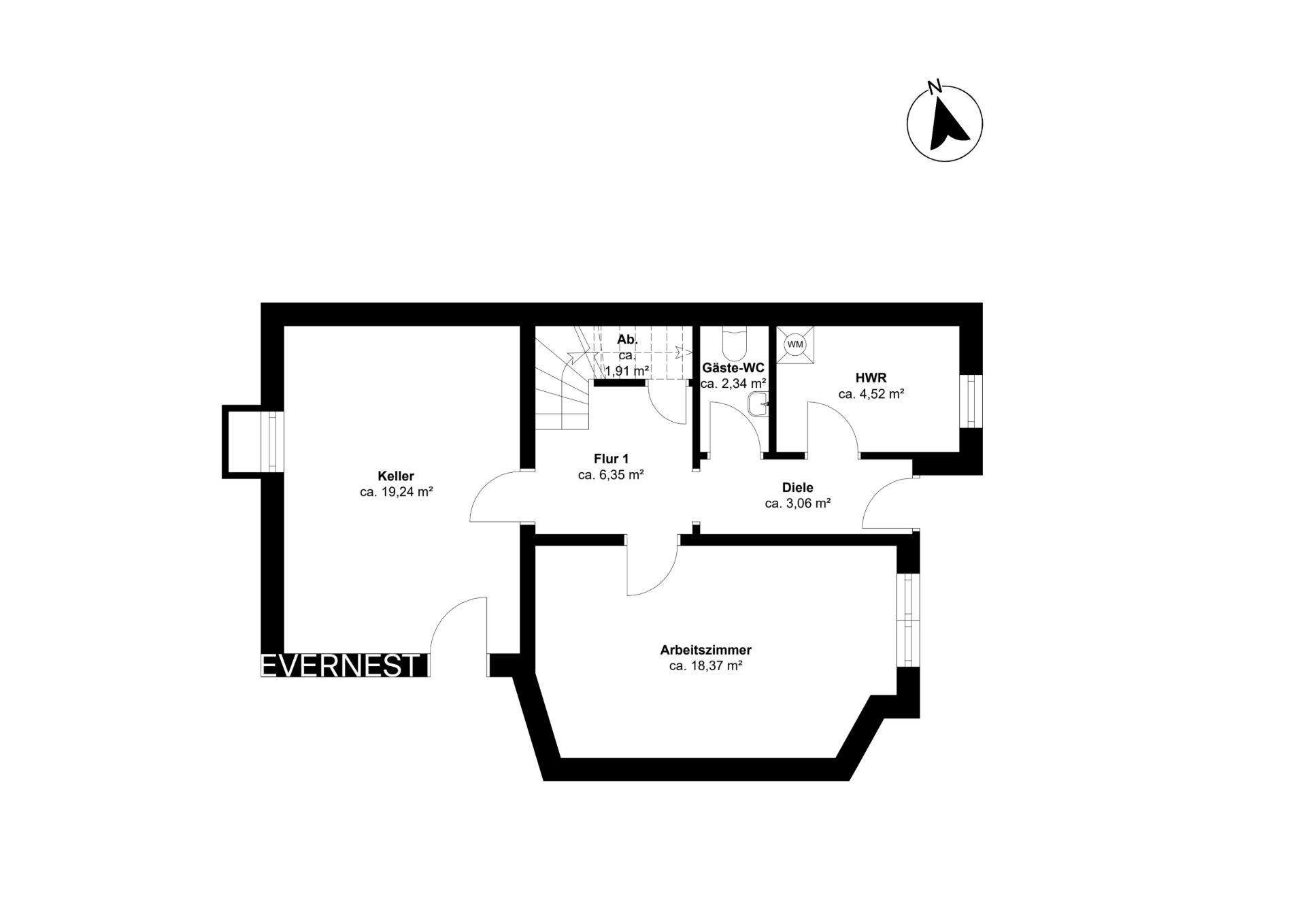 Grundriss mit Keller, Arbeitszimmer, Gäste-WC, Flur, Abstellraum, Diele und Hauswirtschaftsraum.