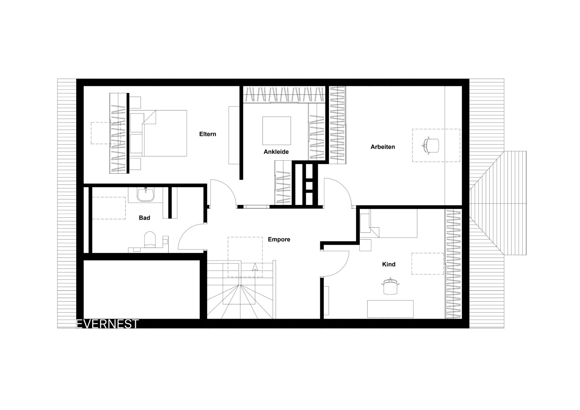 Grundriss einer Wohnung mit Schlafzimmer, Arbeitszimmer, Kinderzimmer, Bad und Ankleide.