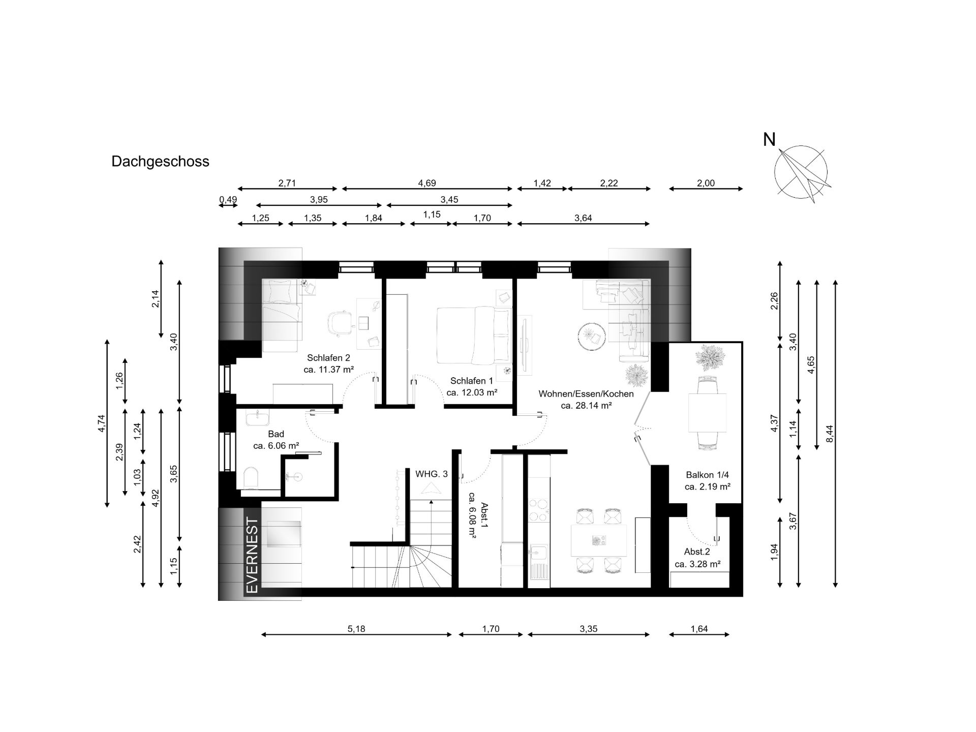 Grundriss einer Wohnung mit zwei Schlafzimmern, Bad, Wohnbereich, Abstellraum und Balkon.