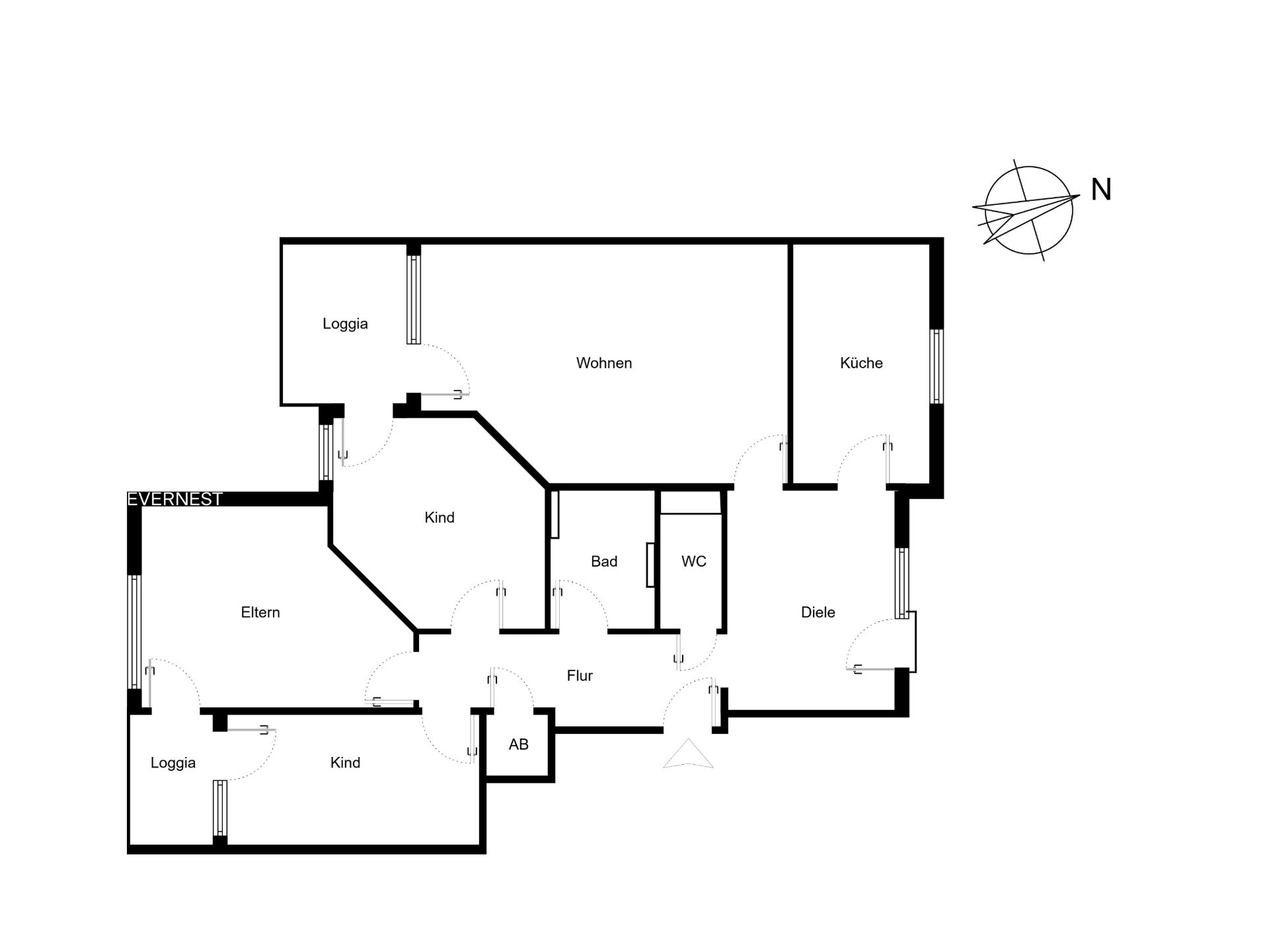 Grundriss einer Wohnung mit Wohn-, Kinder-, Elternzimmer, Bad, WC, Küche, Flur, Diele und zwei Loggien.