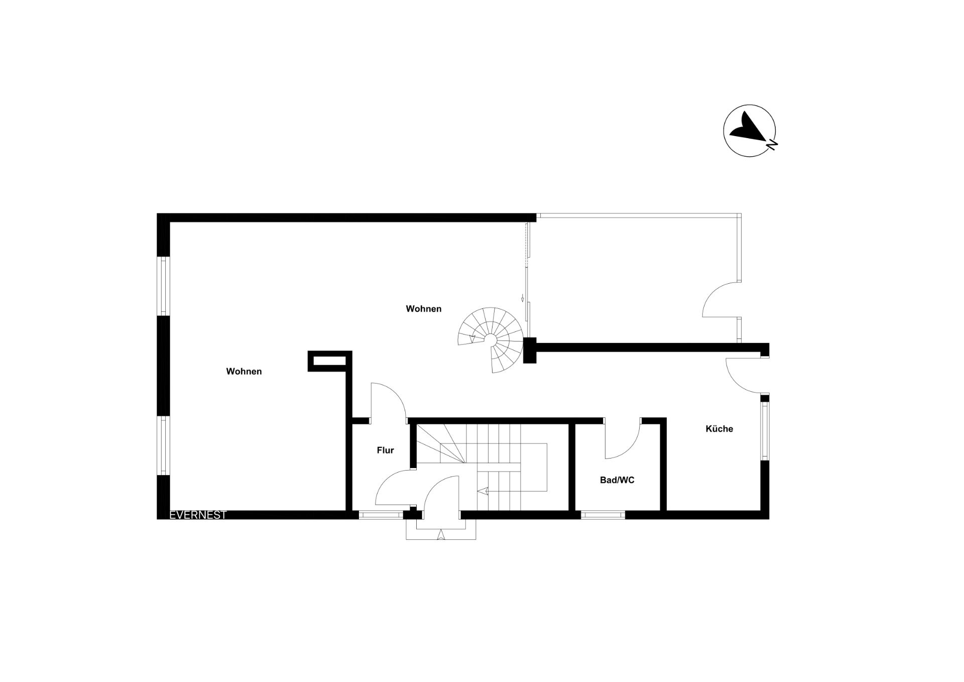 Grundriss mit Wohnzimmer, Flur, Bad/WC und Küche, sowie einer Treppe.