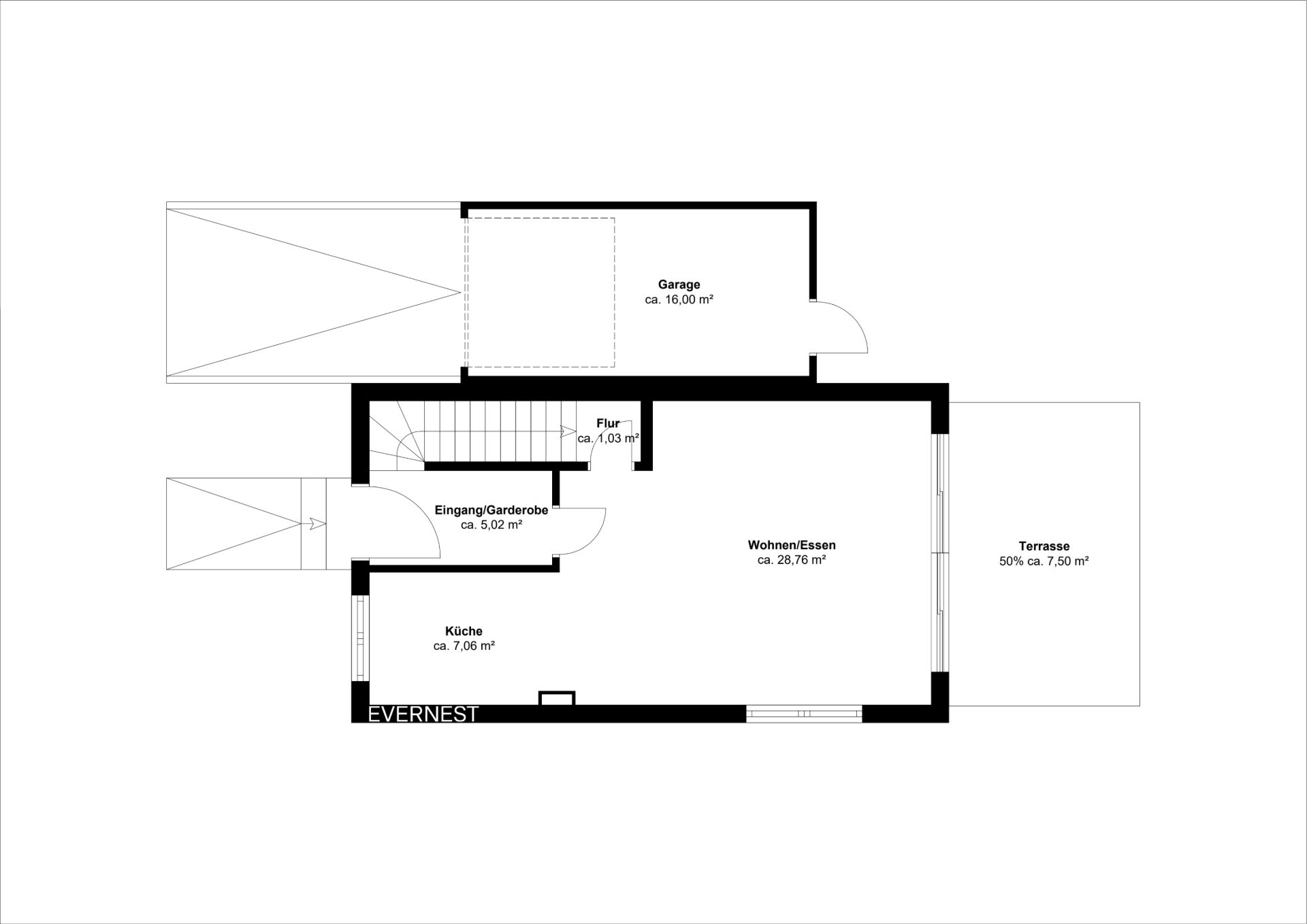 Grundriss eines Hauses mit Garage, Flur, Küche, Wohn-/Essbereich und Terrasse.