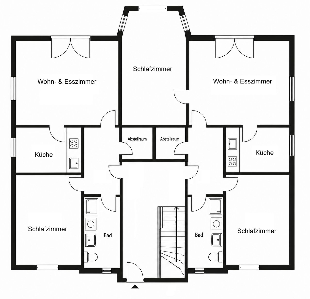 Grundriss mit zwei Schlafzimmern, zwei Bädern, zwei Küchen und zwei Wohn- & Esszimmern.