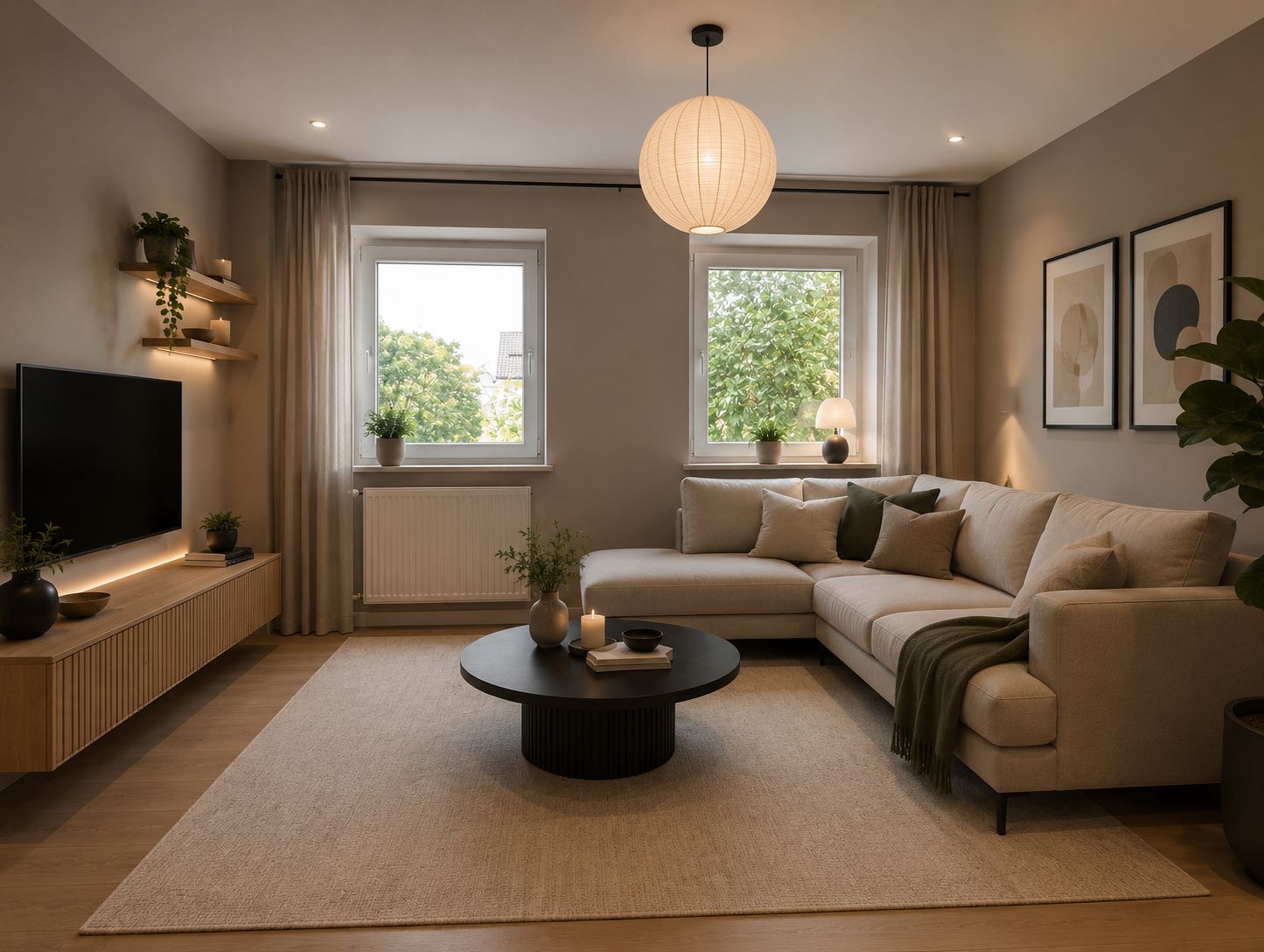 Modernes Wohnzimmer mit beiger Ecksofa, rundem Tisch, Fernseher und zwei Fenstern.