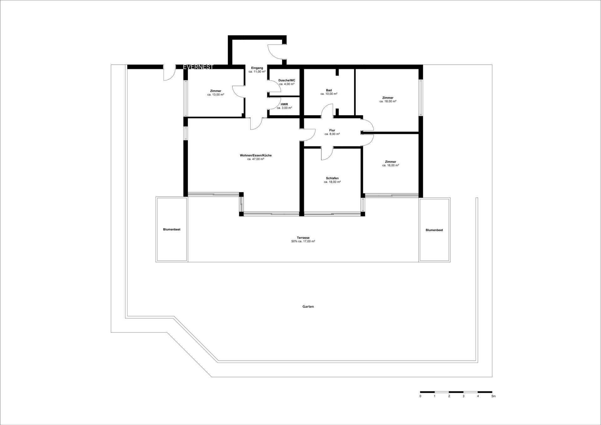 Grundriss einer Wohnung mit mehreren Zimmern, Terrasse und Gartenbereich.