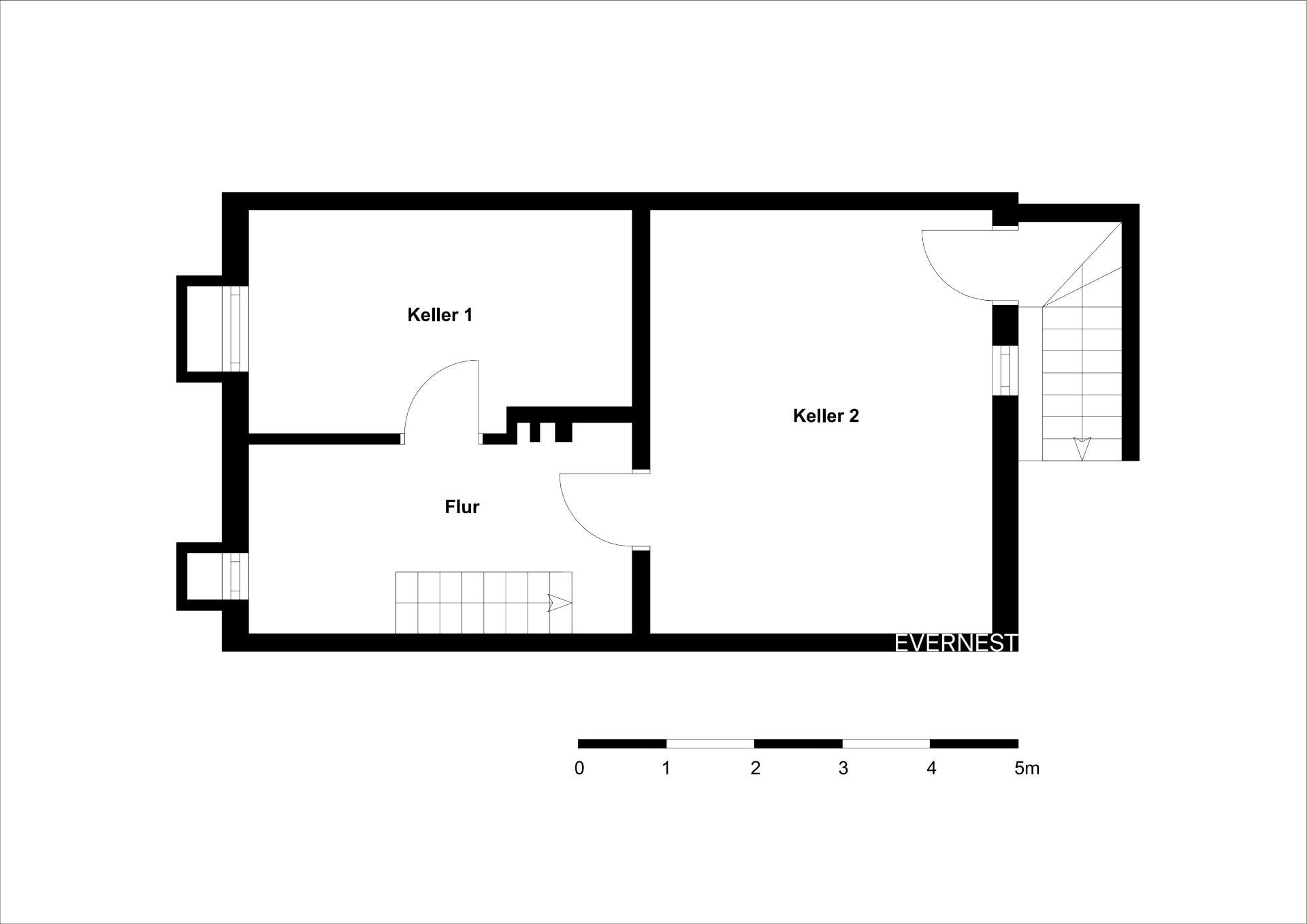 Grundriss eines Kellers mit zwei Kellerräumen und Flur.