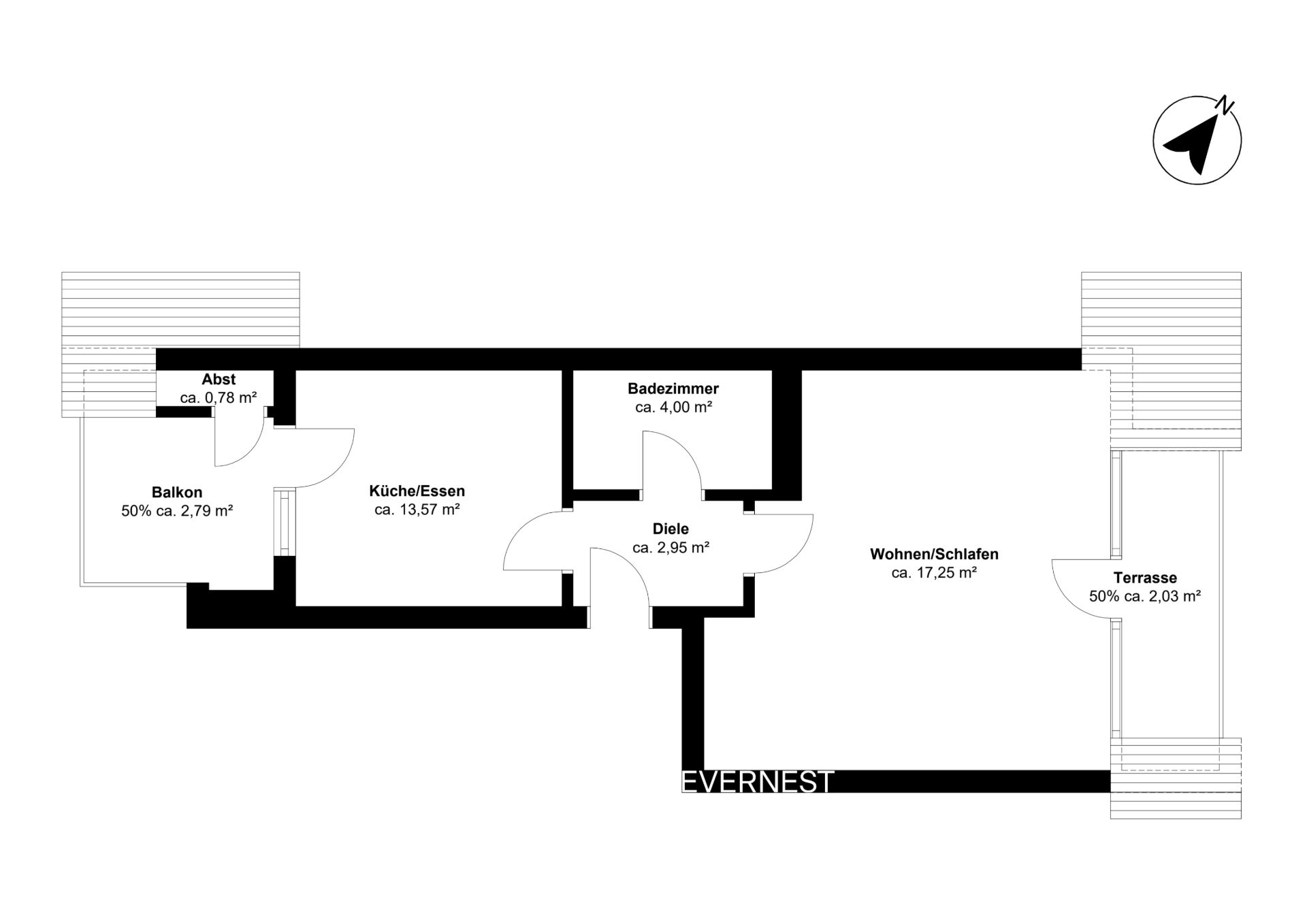 Grundriss einer Wohnung mit Balkon, Terrasse, Küche, Bad, Diele und Wohn-/Schlafraum.