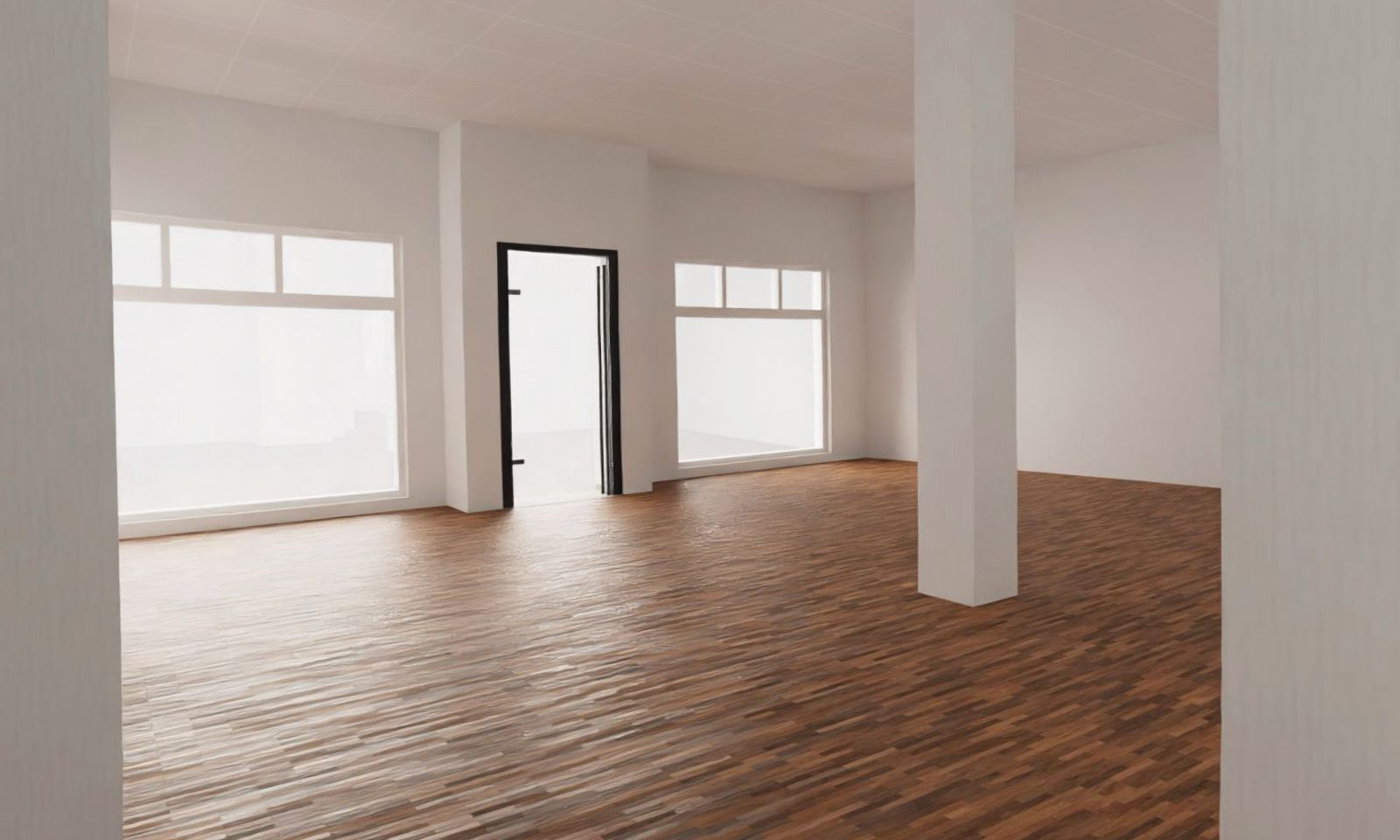 Leerer Raum mit Holzfußboden, weißen Wänden, großen Fenstern und zwei Säulen.