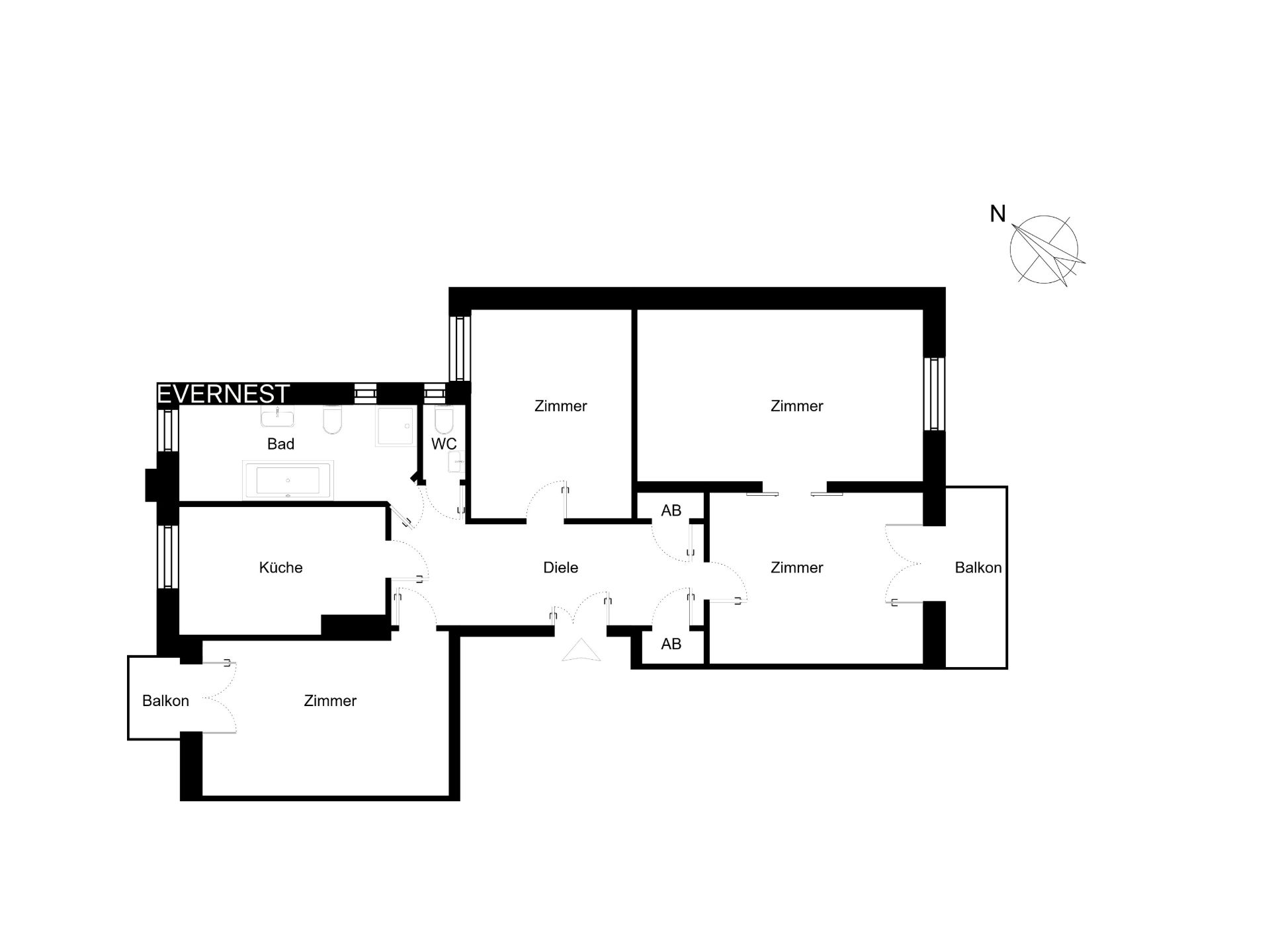 Wohnungsgrundriss mit Küche, Bad, Diele, WC, vier Zimmern und zwei Balkonen.