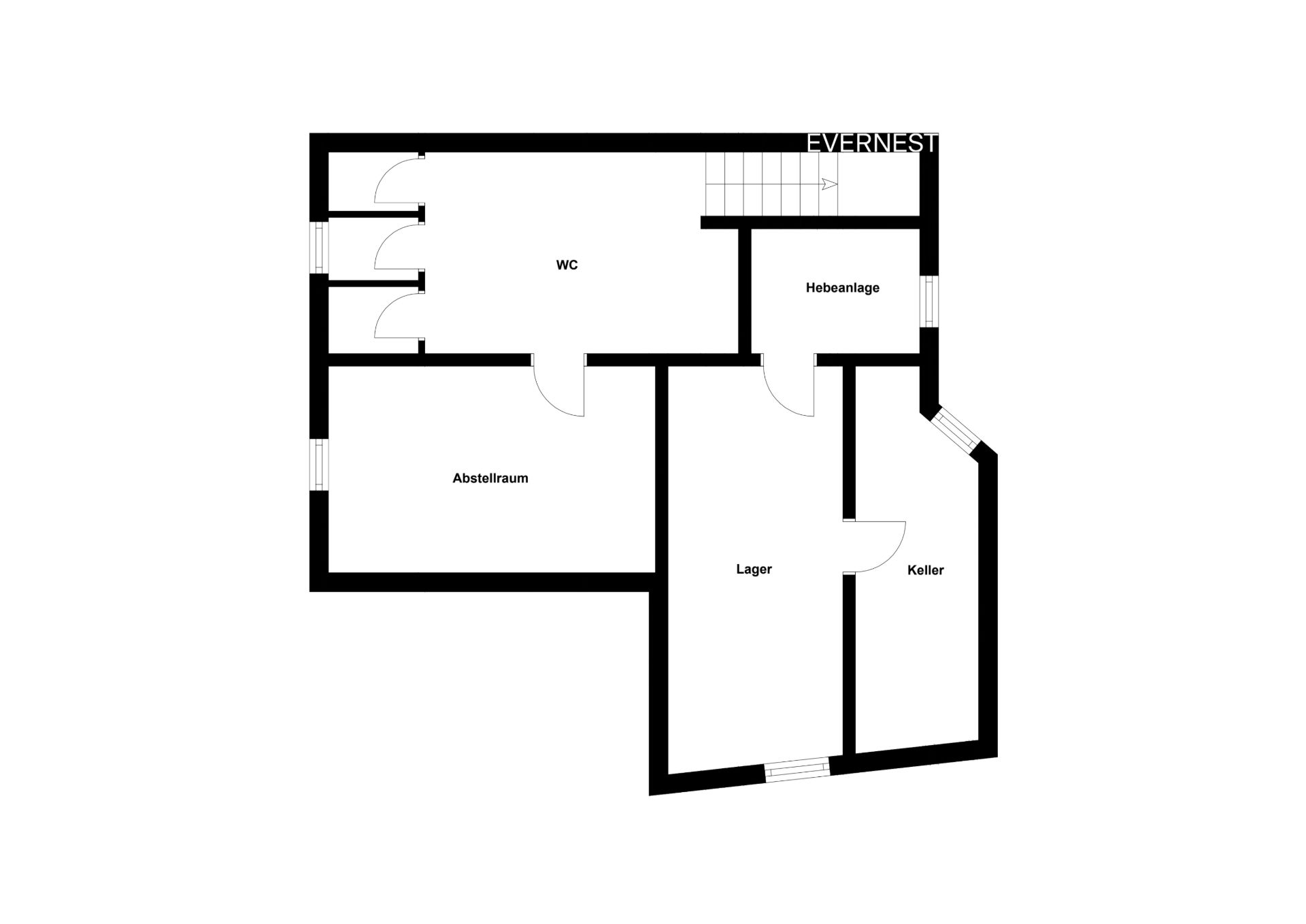 Grundriss mit Räumen: WC, Abstellraum, Hebeanlage, Lager und Keller.
