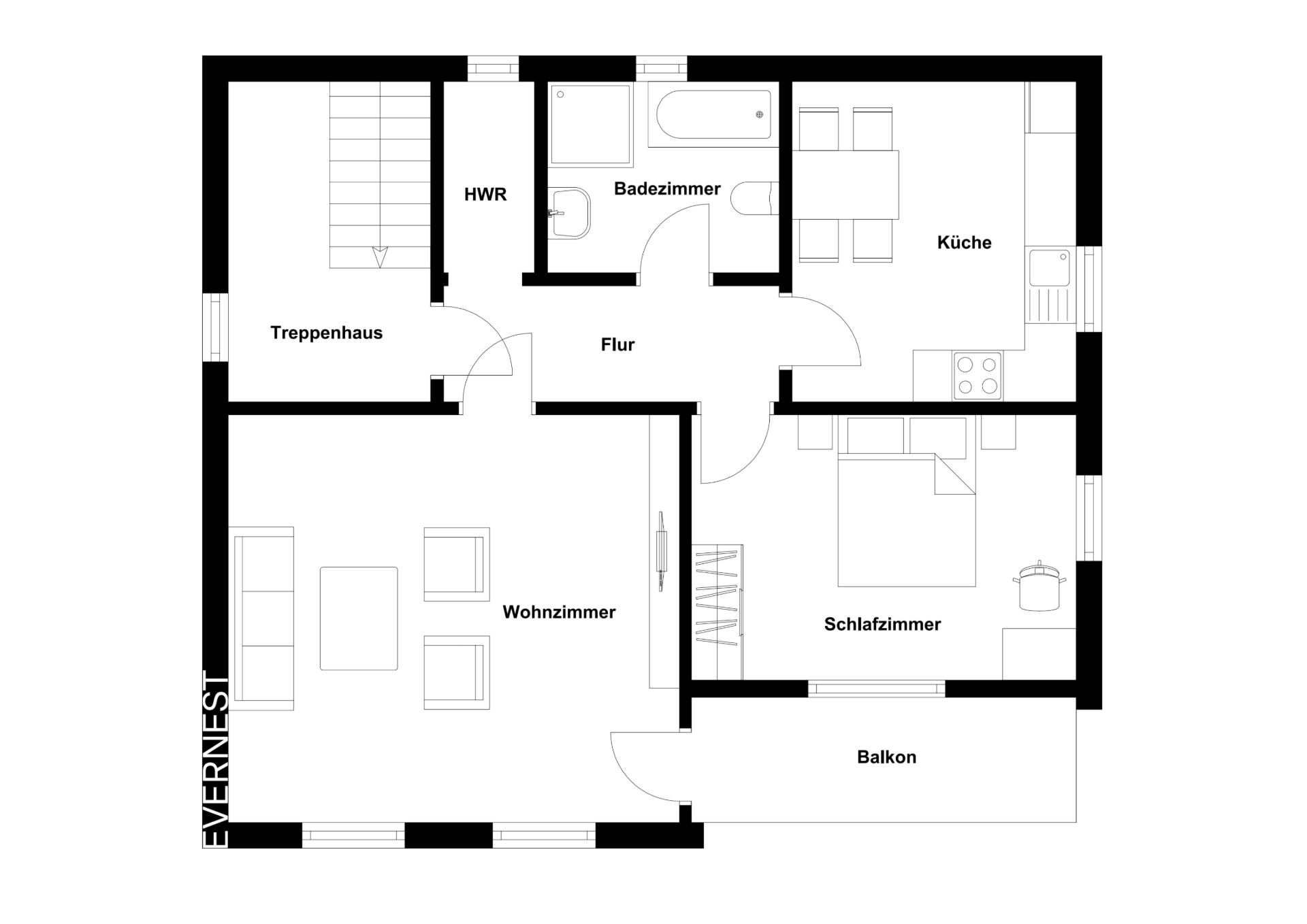 Grundriss einer Wohnung mit Wohnzimmer, Schlafzimmer, Küche, Bad, HWR und Balkon.