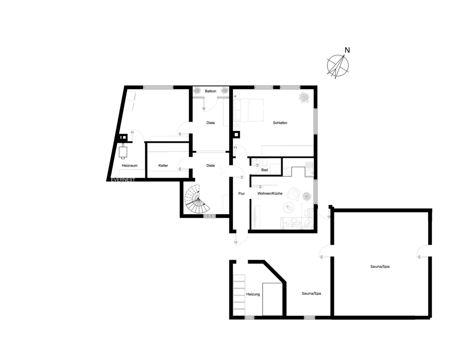 Grundriss einer Wohnung mit Schlafzimmer, Bad, Wohnzimmer, Küche, Keller und Sauna.
