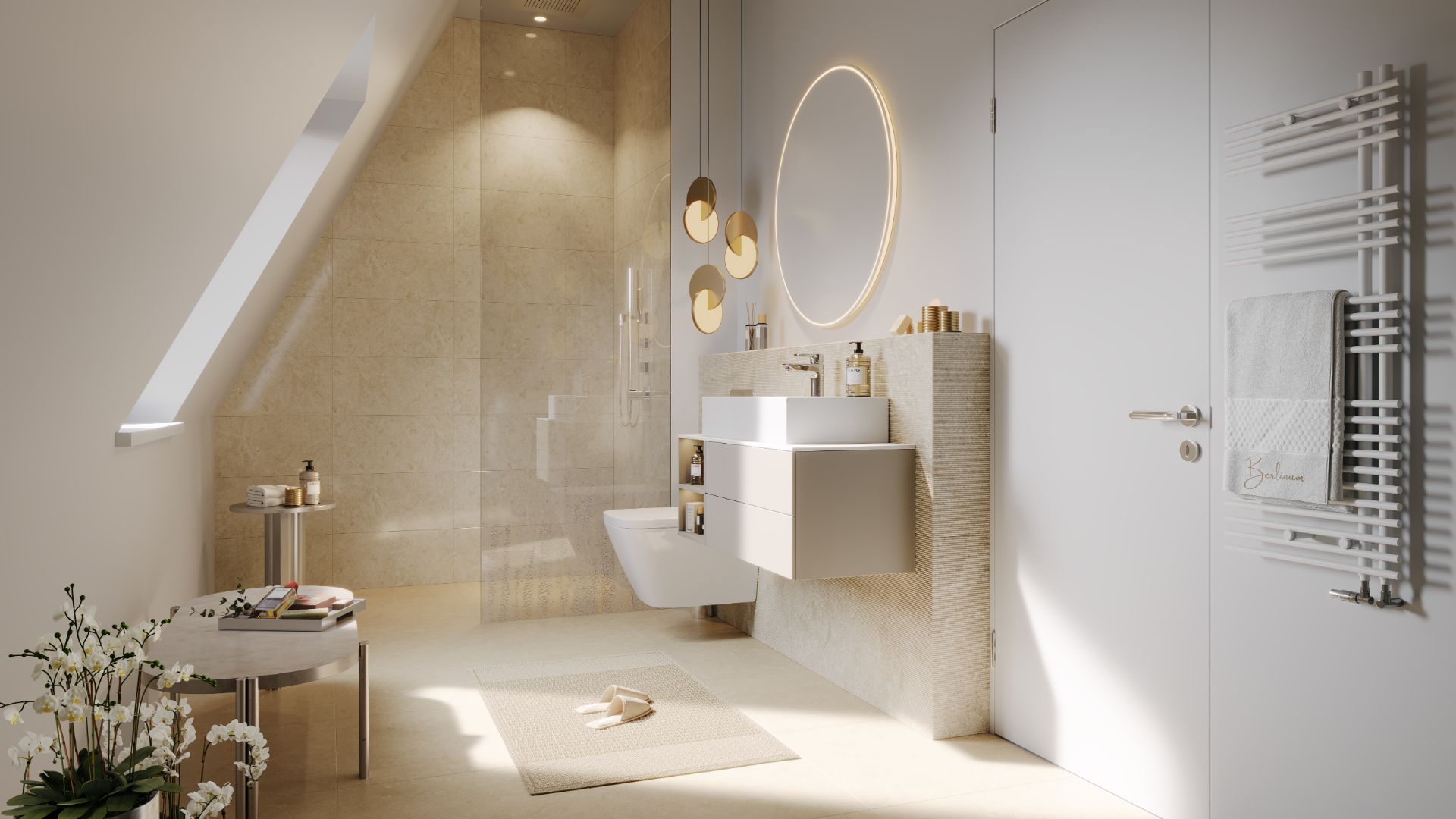Modernes Badezimmer mit begehbarer Dusche, rundem Spiegel, Waschbecken und Handtuchheizkörper.