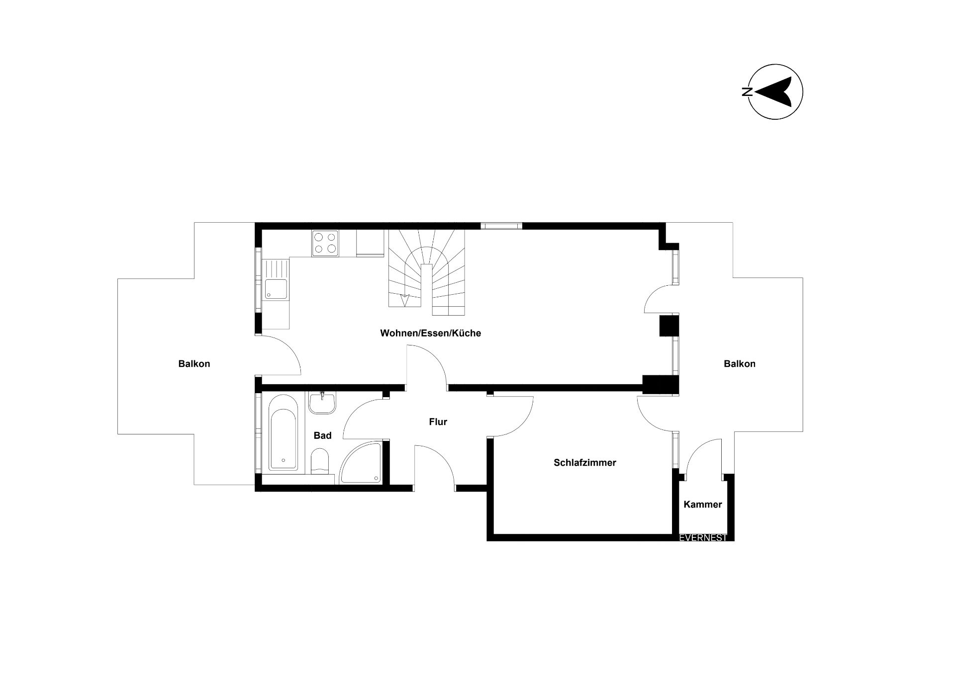 Grundriss einer Wohnung mit Schlafzimmer, Bad, Küche, Flur, zwei Balkonen und Kammer.