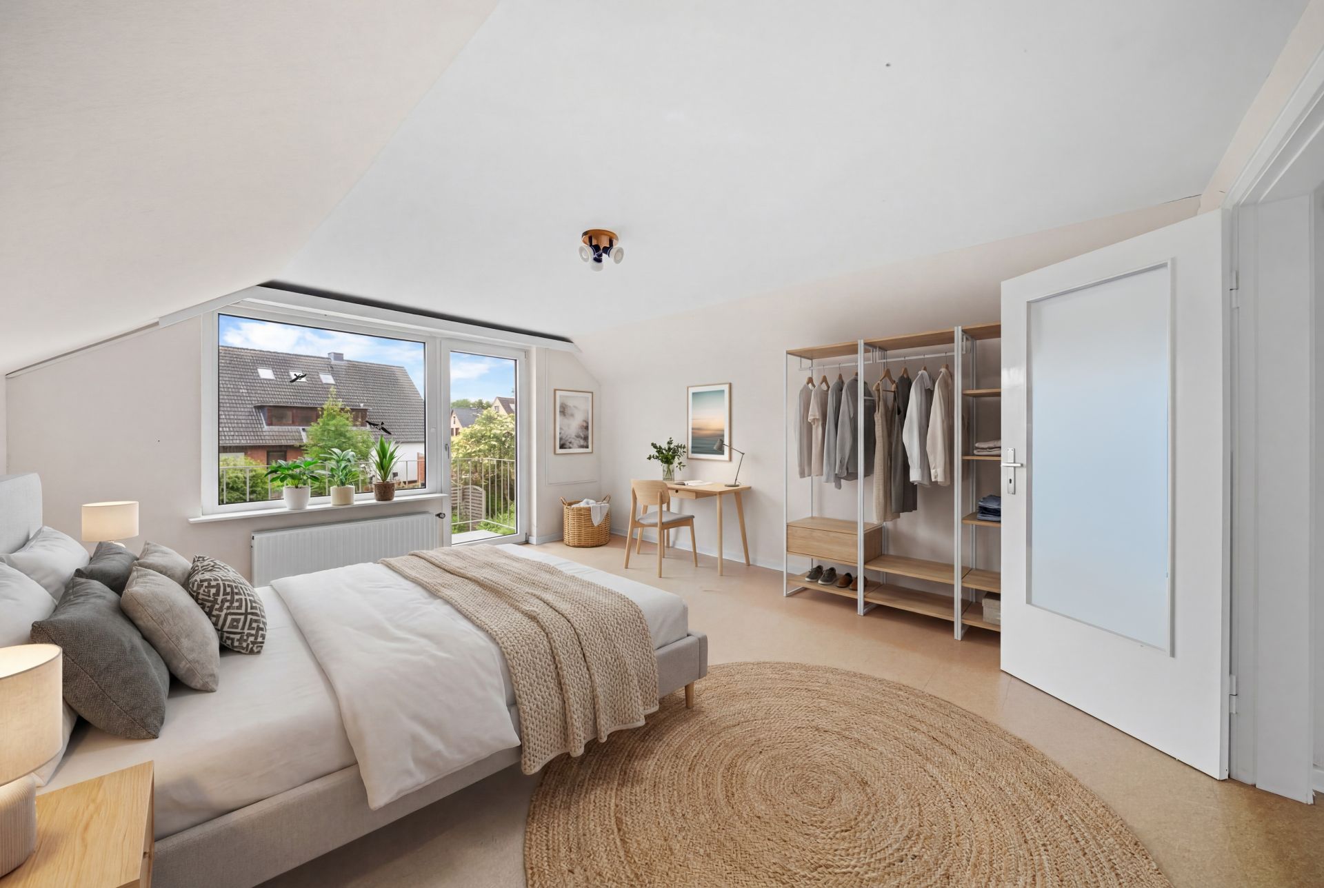 Helles Schlafzimmer mit großem Bett, offenem Kleiderschrank, Schreibtisch und Fenster mit Ausblick.