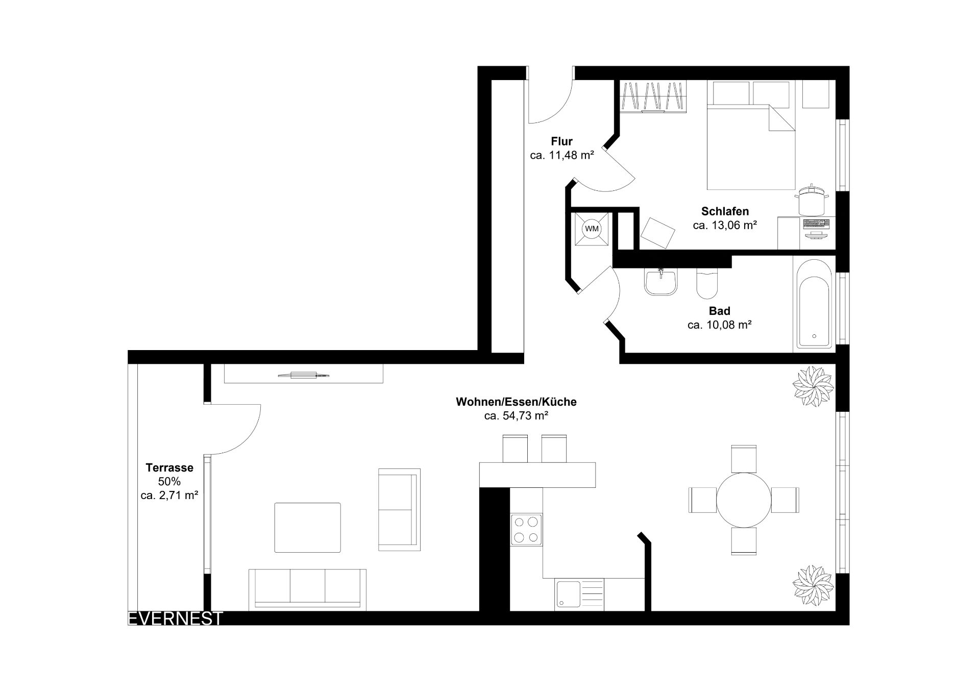 Grundriss einer Wohnung mit Terrasse, Wohnzimmer, Schlafzimmer, Bad, Flur und offener Küche.