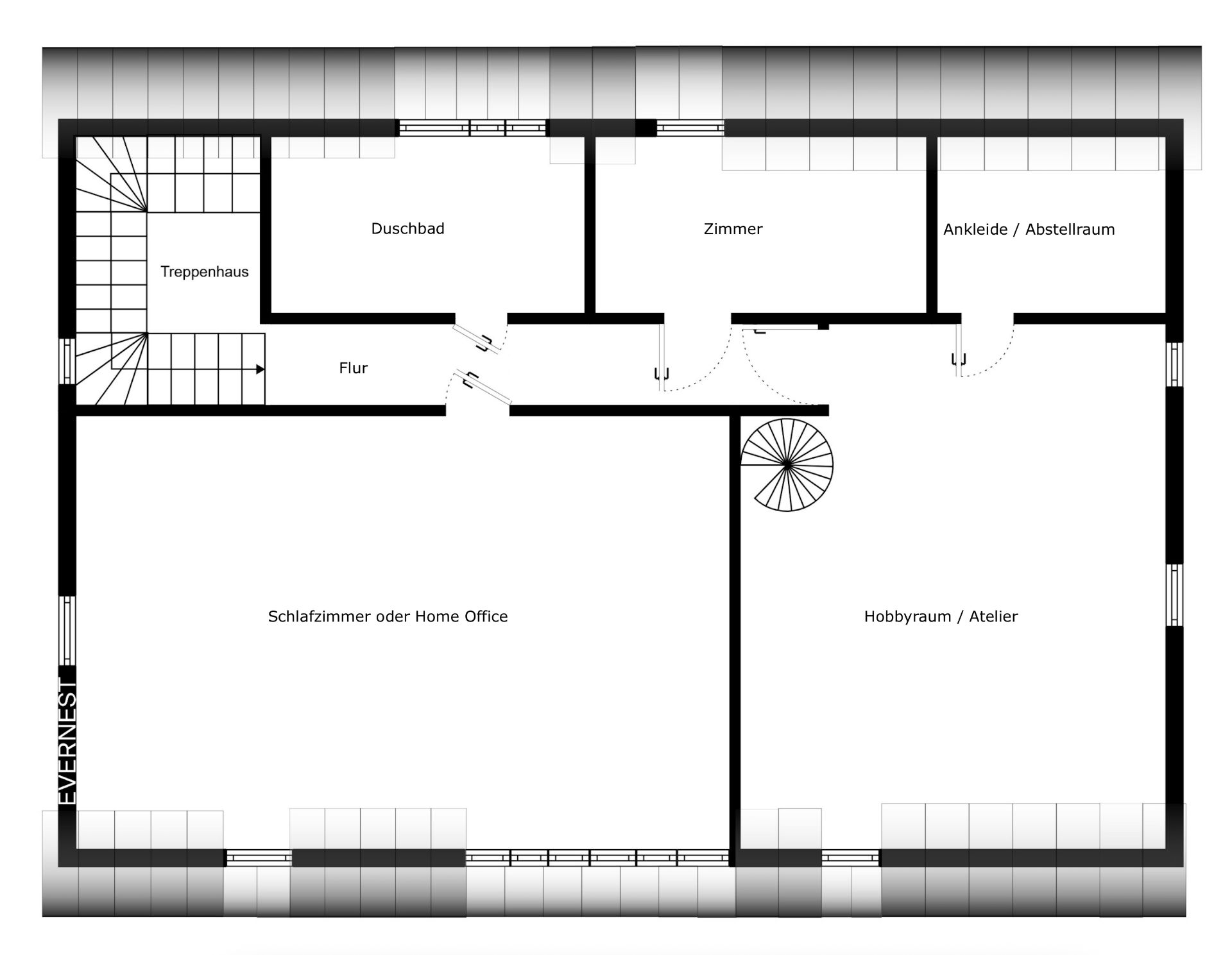 Grundriss mit Schlafzimmer, Home Office, Bad, Flur, Zimmer, Ankleide und Hobbyraum.