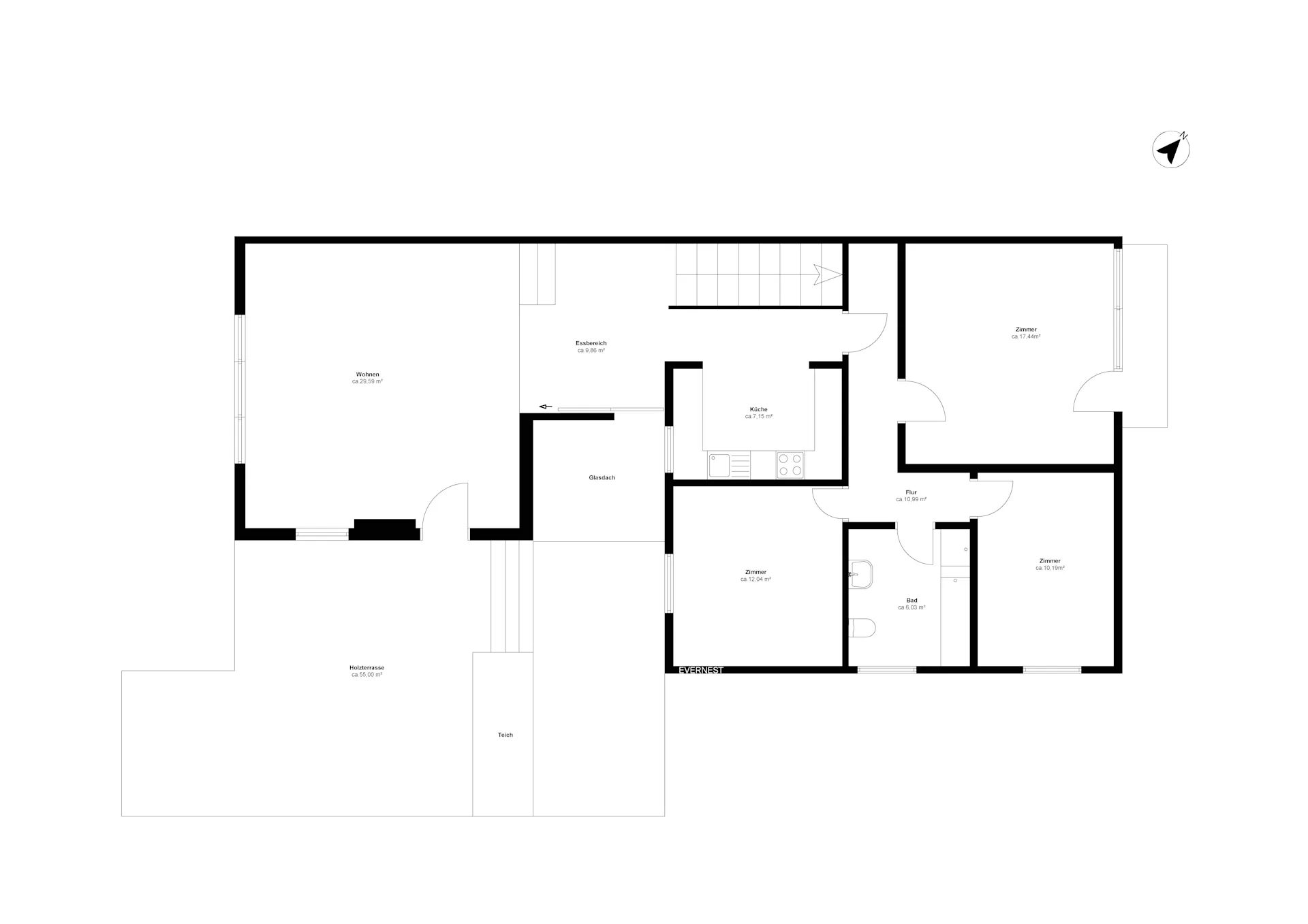 Grundriss eines Wohnhauses mit mehreren Zimmern, Küche, Bad, Flur und Terrasse.