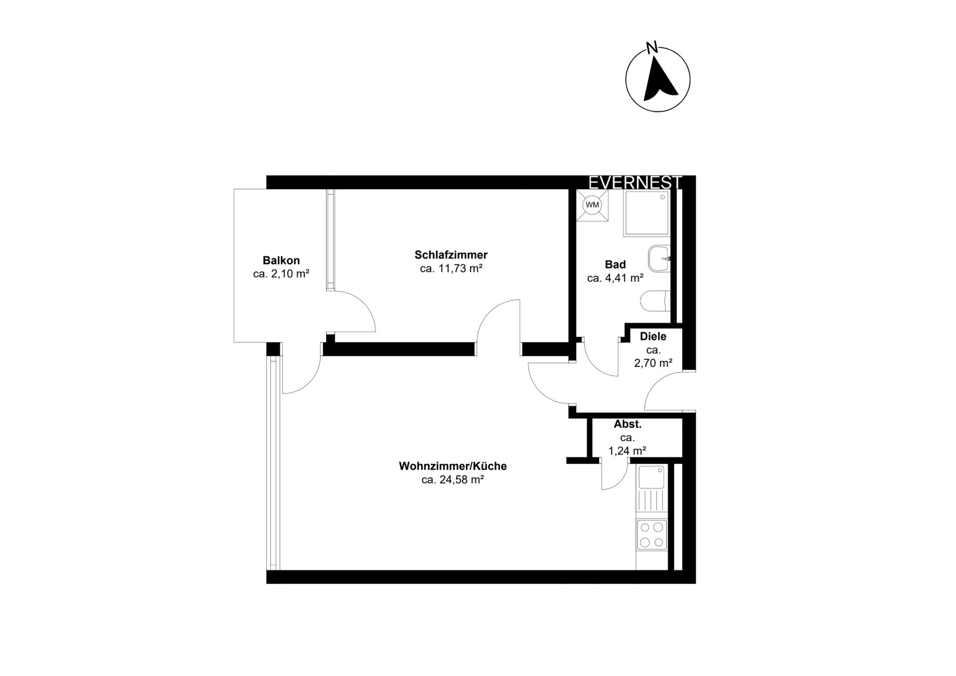 Grundriss einer Wohnung mit Schlafzimmer, Wohnzimmer/Küche, Bad, Diele, Abstellraum und Balkon.