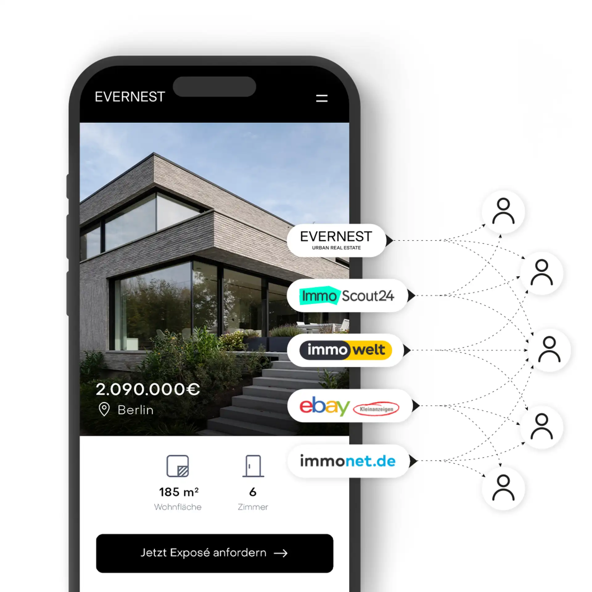 Modernes Wohnhaus mit großen Fenstern, auf einem Smartphone-Bildschirm angezeigt.