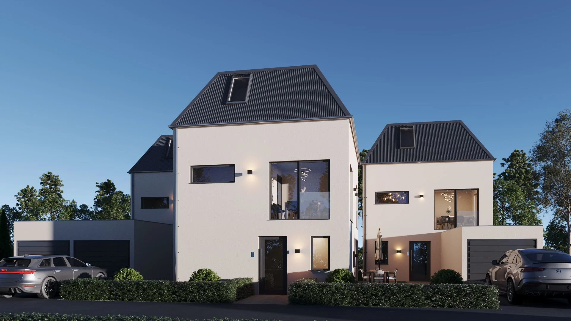 Modernes, zweistöckiges Wohnhaus mit großem Fenster, Garage und geparkten Autos vorne.