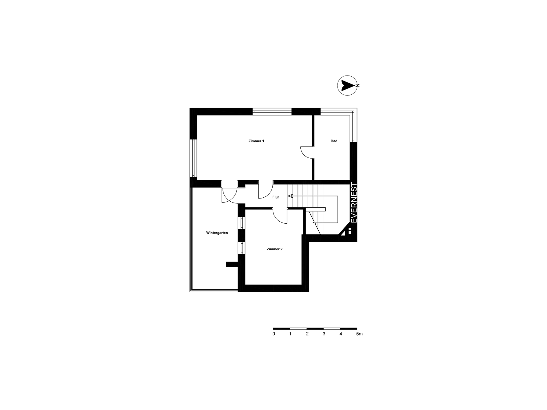 Grundriss mit zwei Zimmern, Bad, Flur, Wintergarten und Treppenaufgang.