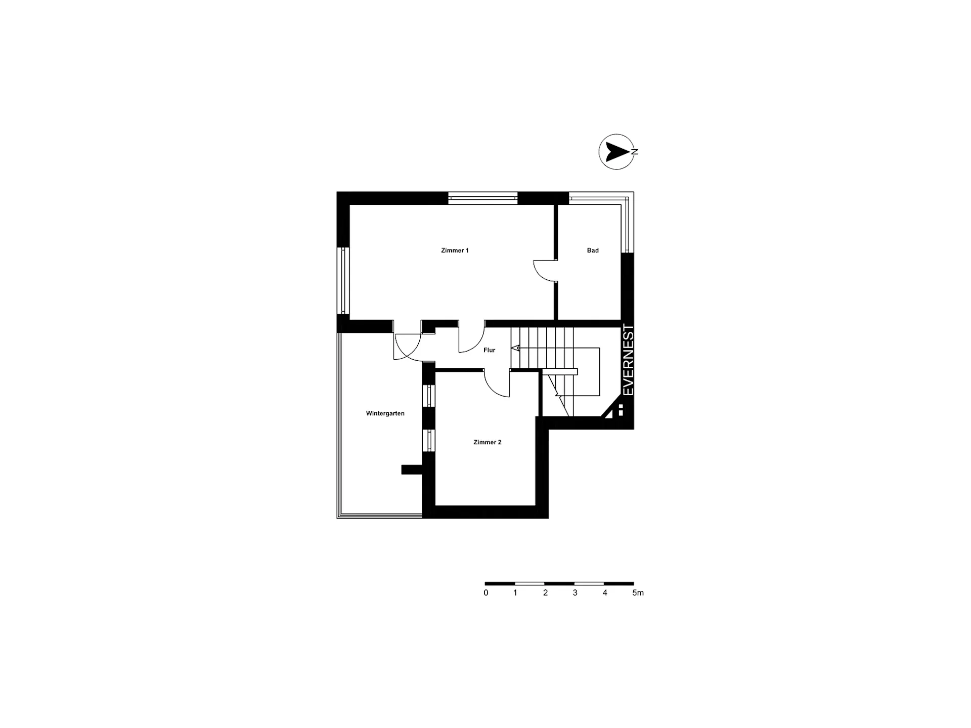 Grundriss mit zwei Zimmern, Bad, Flur, Wintergarten und Treppenaufgang.