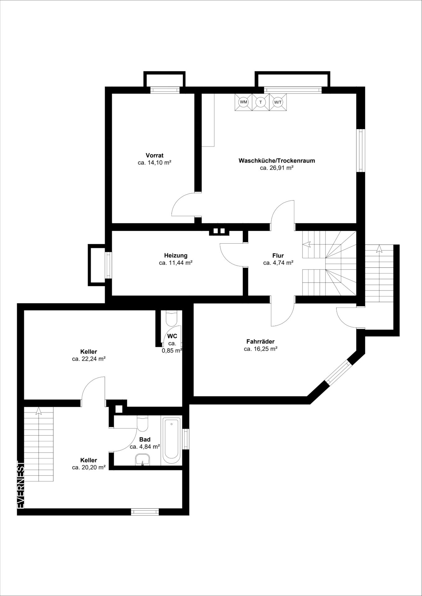 Grundriss eines Kellers mit Vorrat, Waschküche, Heizung, Keller- und Fahrradraum, Bad und WC.