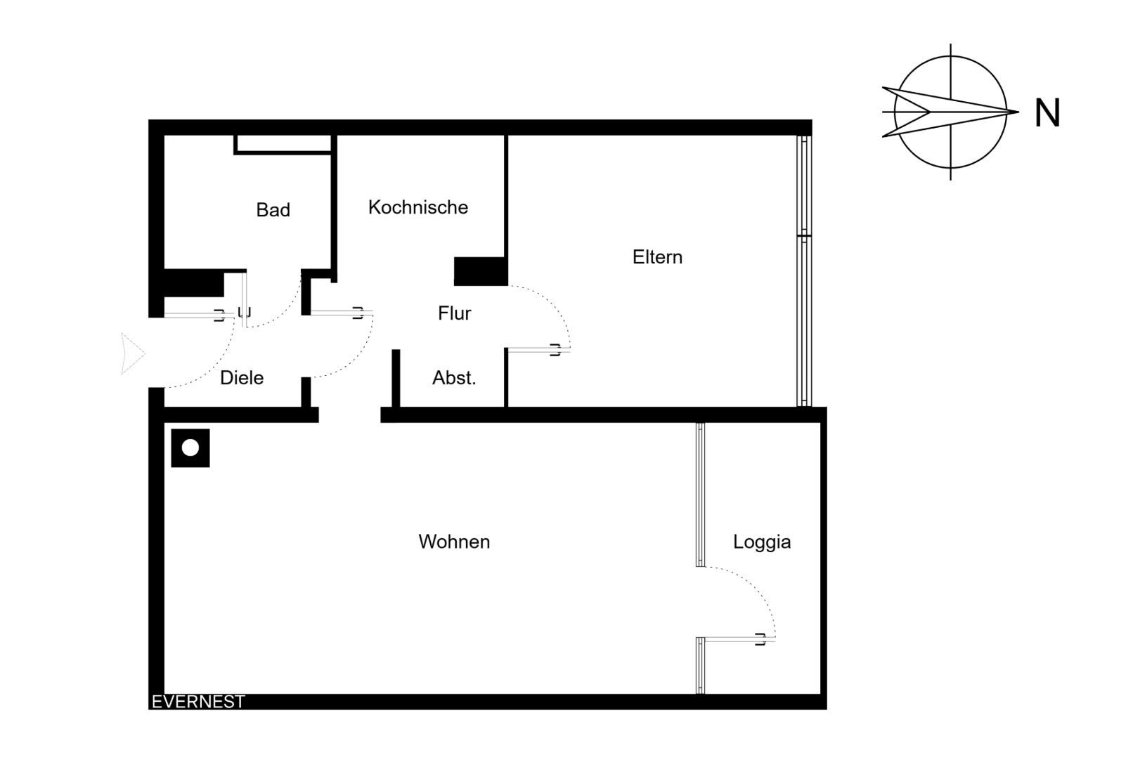 Grundriss einer Wohnung mit Bad, Kochnische, Elternzimmer, Wohnzimmer und Loggia.