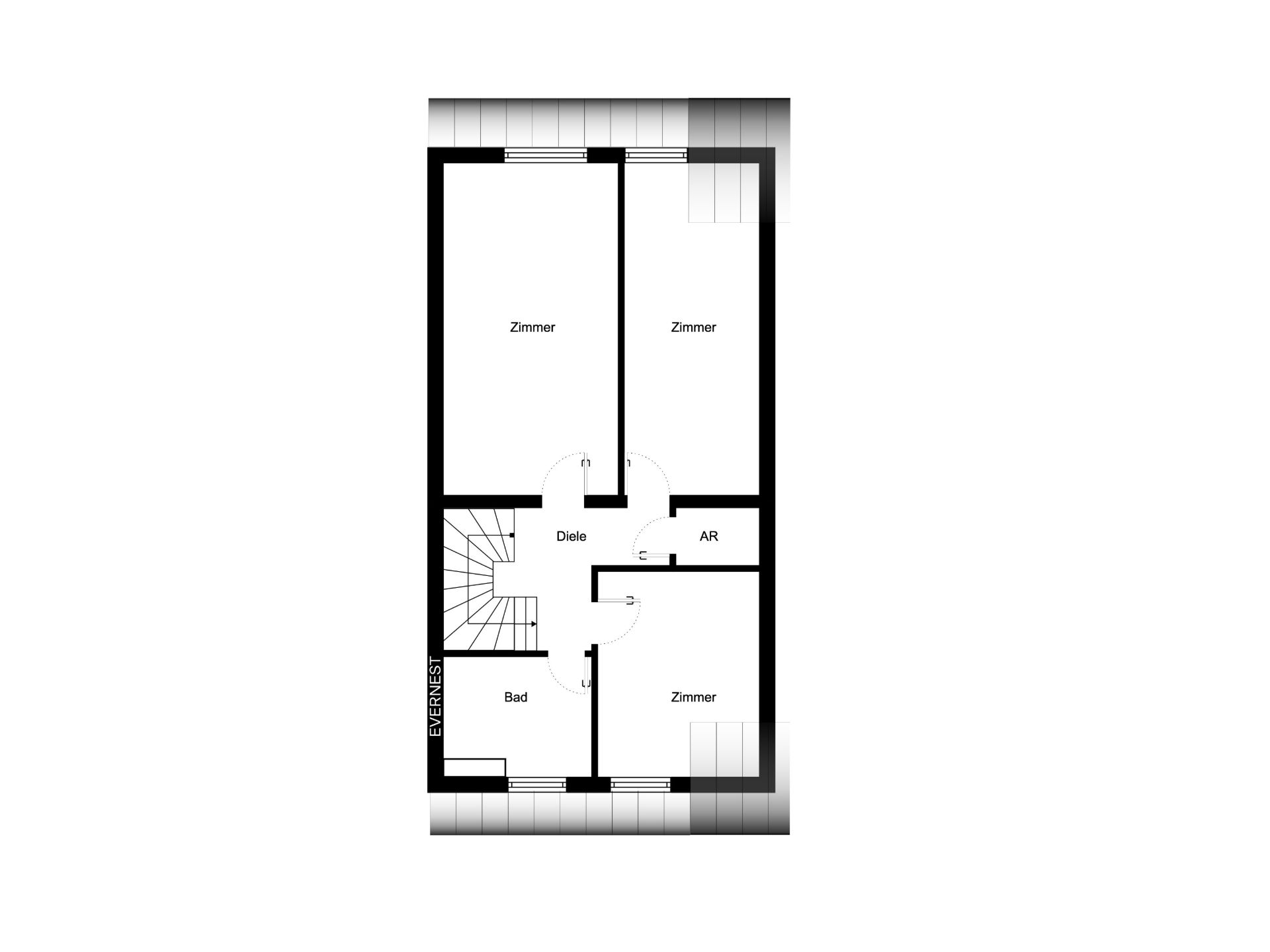 Grundriss mit drei Zimmern, einem Bad, einer Diele, Abstellraum und Treppe.