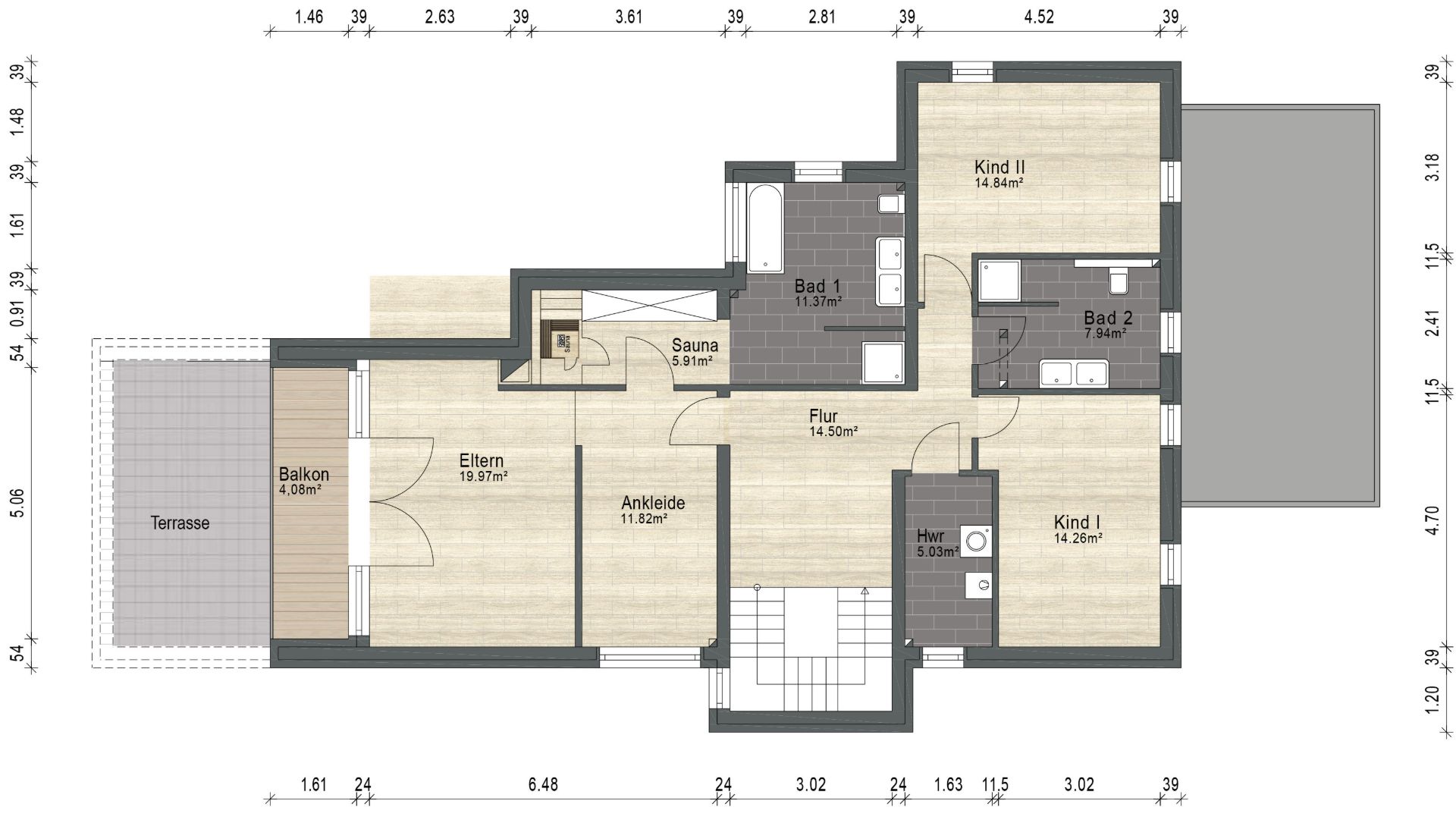 Grundriss mit Elternschlafzimmer, Ankleide, zwei Kinderzimmern, zwei Bädern, Sauna, Balkon und Terrasse.