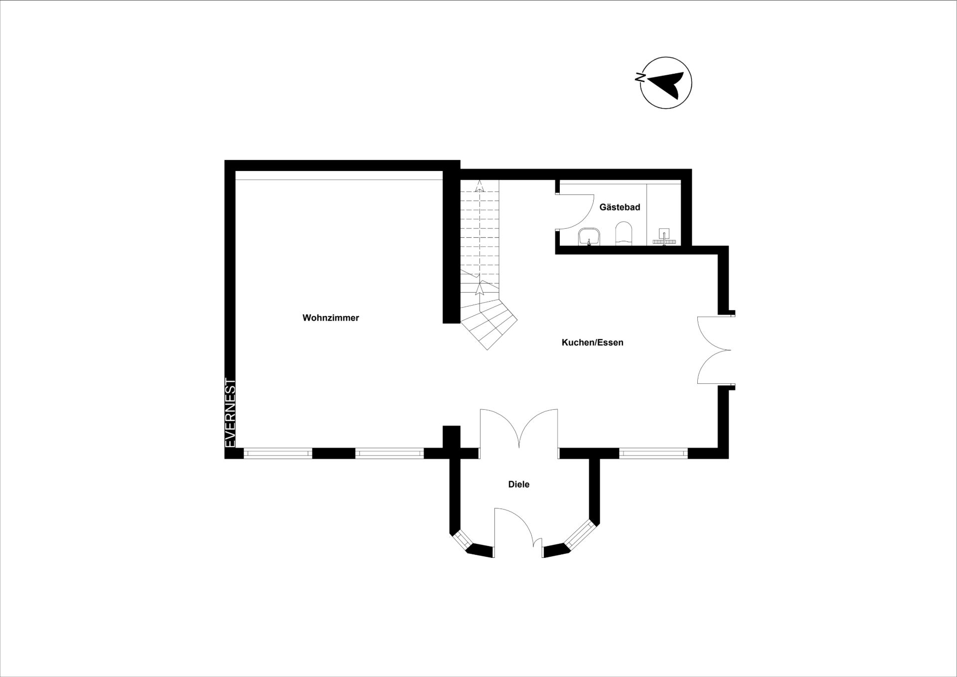 Grundriss mit Wohnzimmer, Küche/Essbereich, Diele und Gäste-WC.