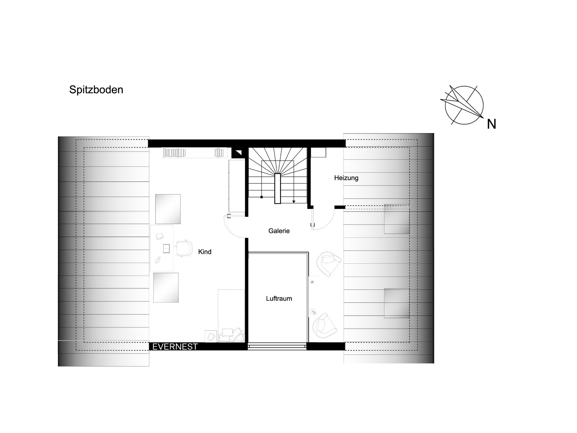 Grundriss eines Spitzbodens mit Kindzimmer, Galerie, Heizungsraum und Luftraum.