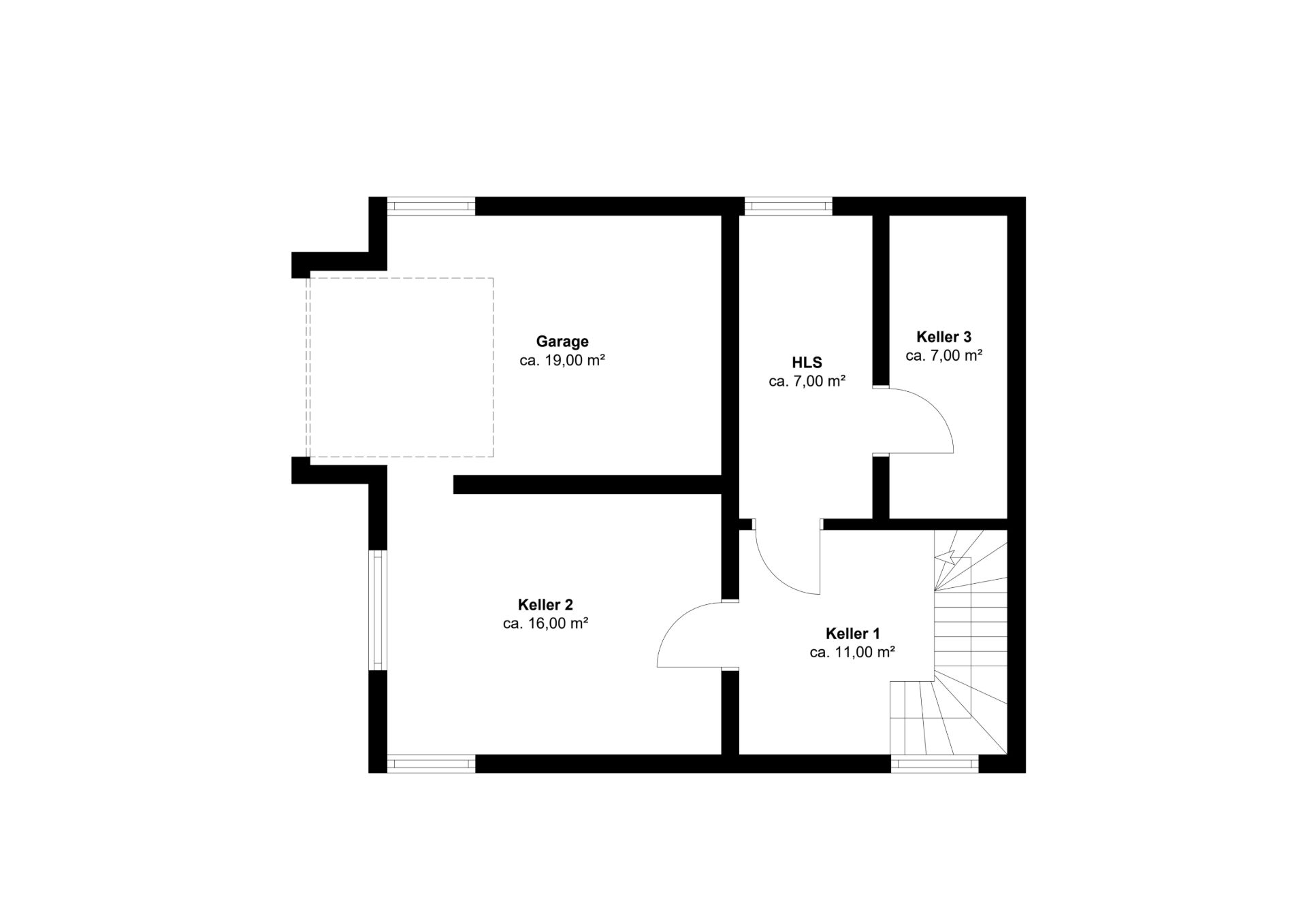 Grundriss mit Garage, drei Kellerräumen, HLS-Raum und Treppe.