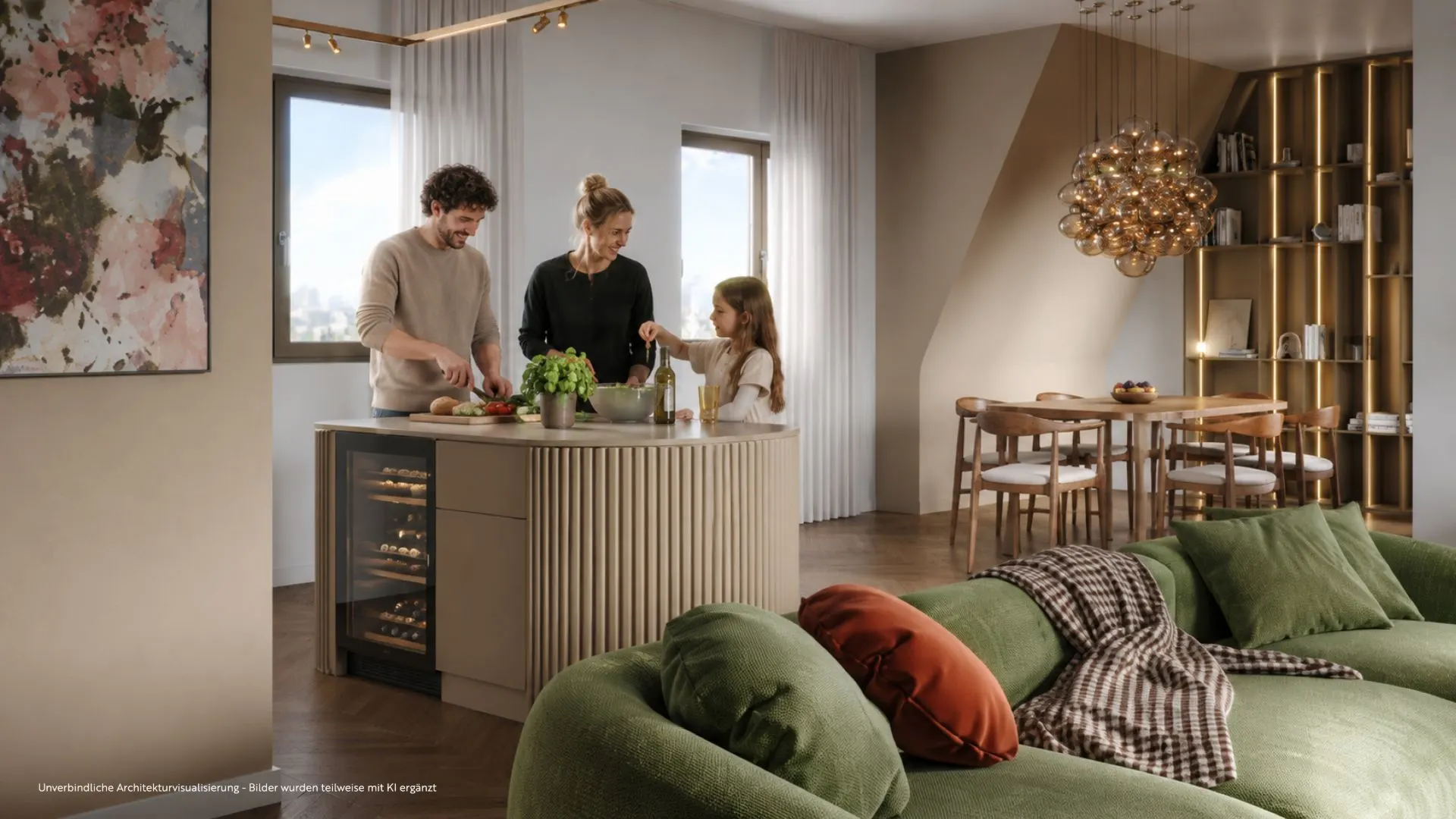 Wohnzimmer mit grüner Couch, moderner Küche und Esstisch. Drei Personen stehen an der Kücheninsel.