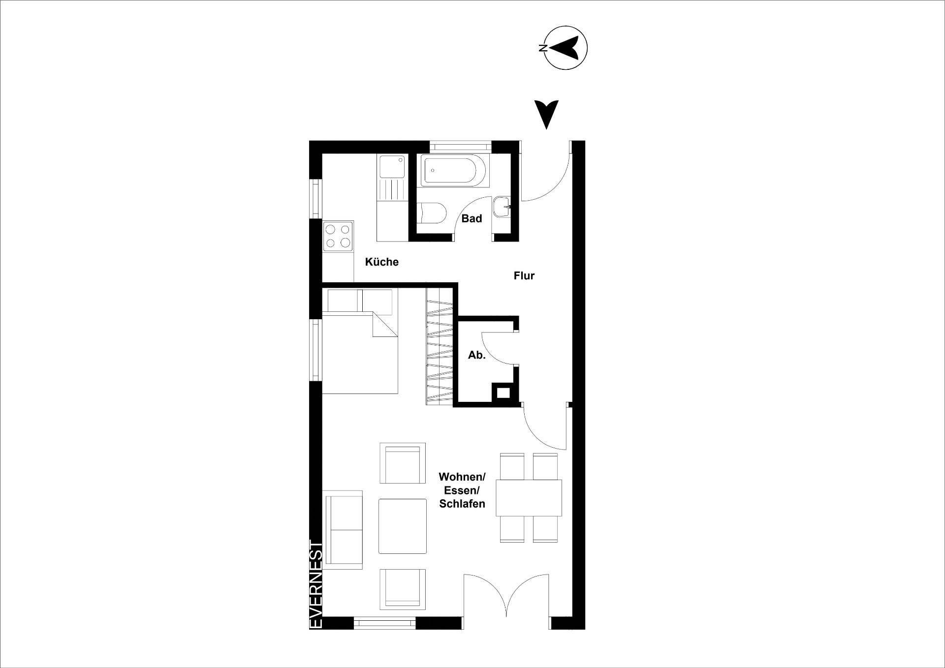 Grundriss einer Wohnung mit Bad, Küche, Flur, Abstellraum und Wohn-/Ess-/Schlafbereich.