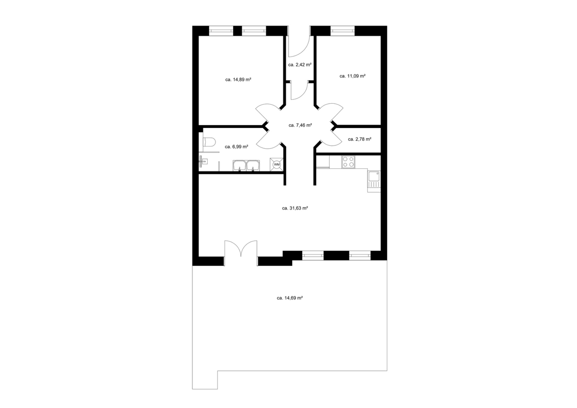 Grundriss einer Wohnung mit mehreren Zimmern, Küche, Bad und Flur.