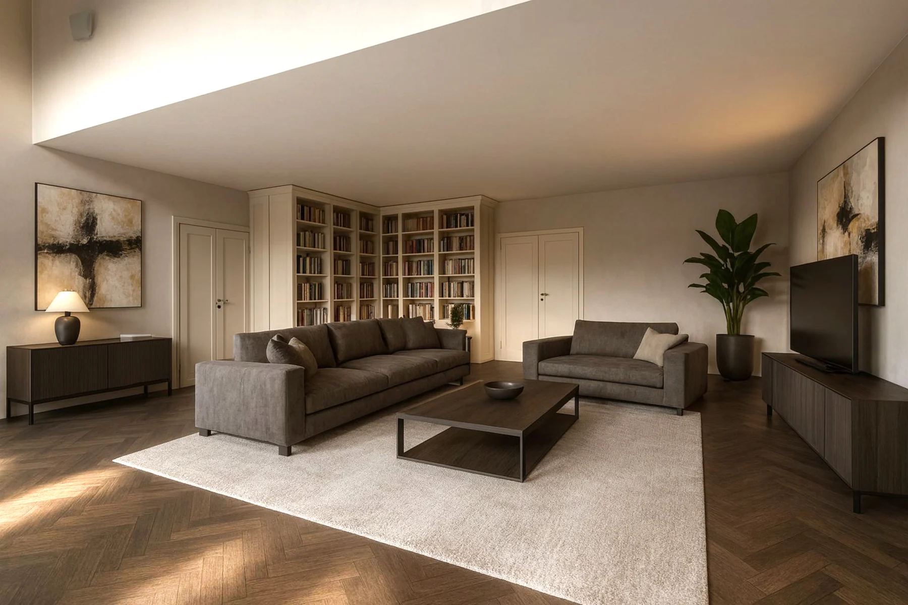 Modernes Wohnzimmer mit zwei Sofas, Bücherregalen, einem Fernseher und einer großen Zimmerpflanze.