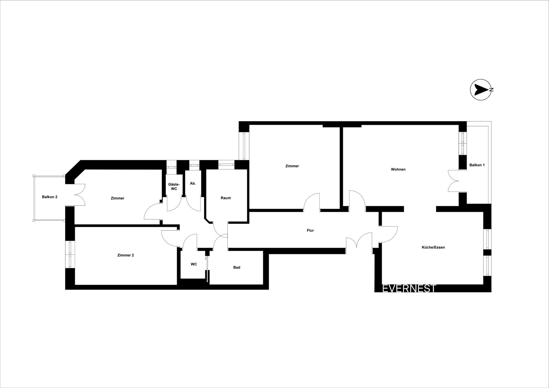 Grundriss einer Wohnung mit drei Zimmern, Küche, Bad, WC und zwei Balkonen.